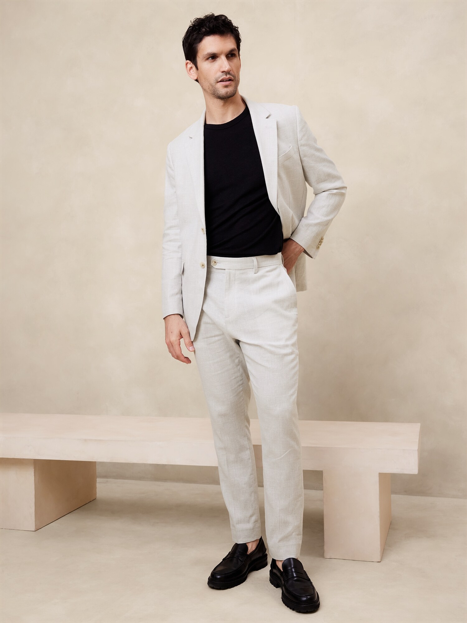 Tailored-Fit Linen-Blend Glen Plaid Suit Trouser