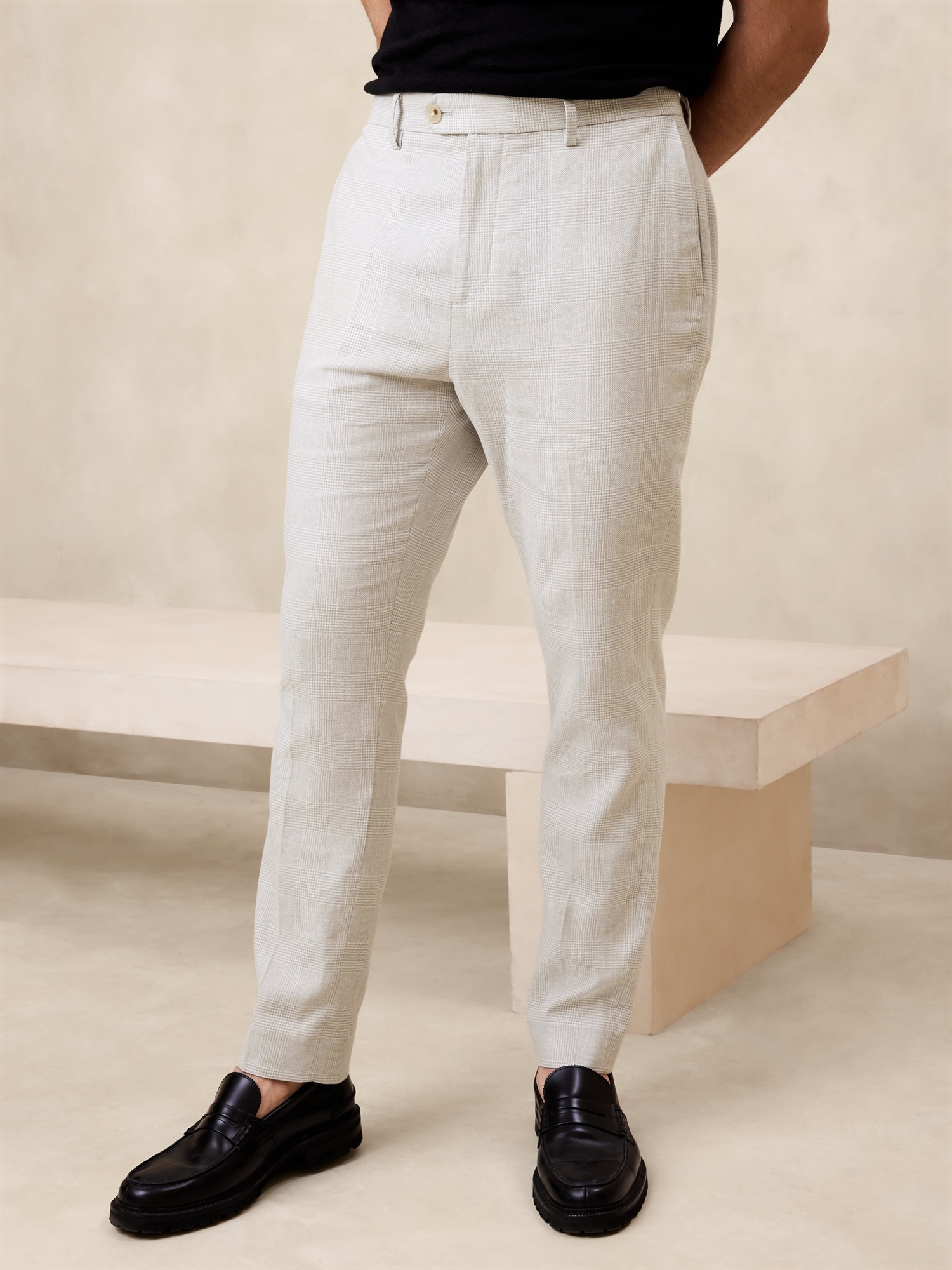 Tailored-Fit Linen-Blend Glen Plaid Suit Trouser