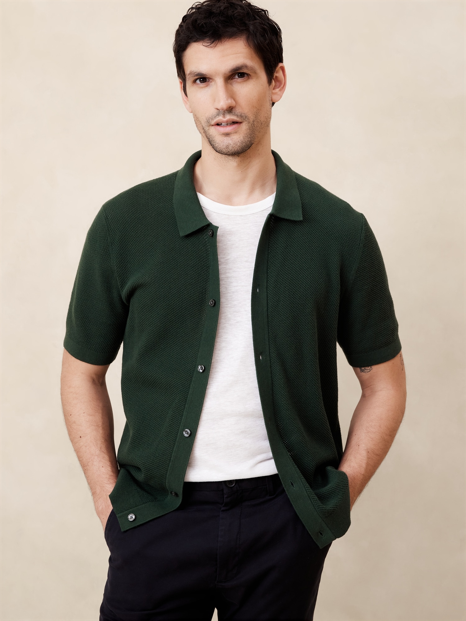 Mesh Button-Front Sweater Polo