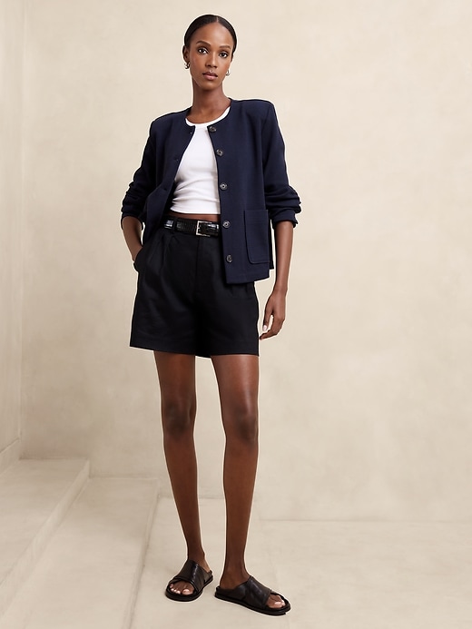 Navy collarless jacket hotsell