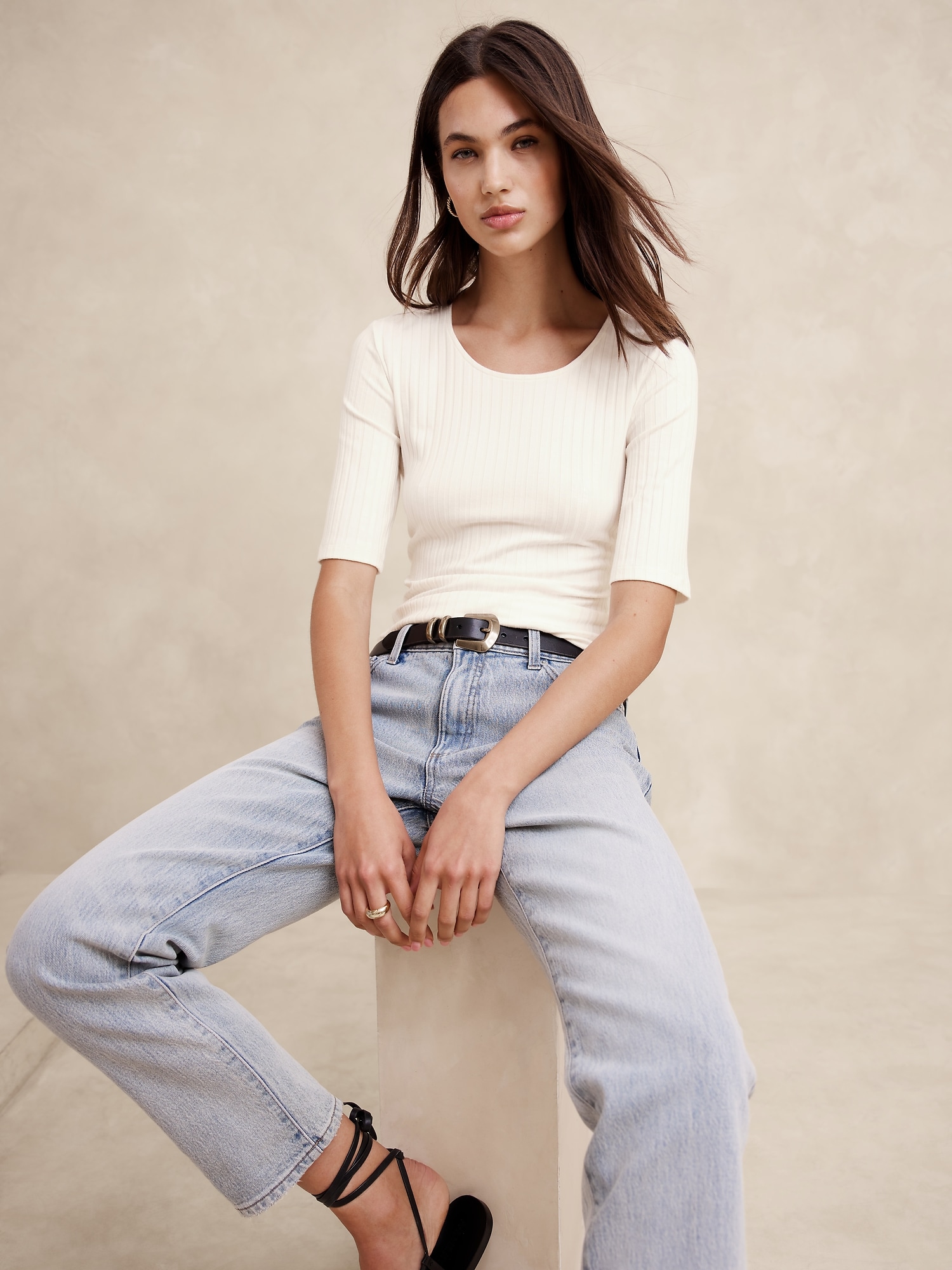 Wide-Ribbed Elbow-Sleeve Top