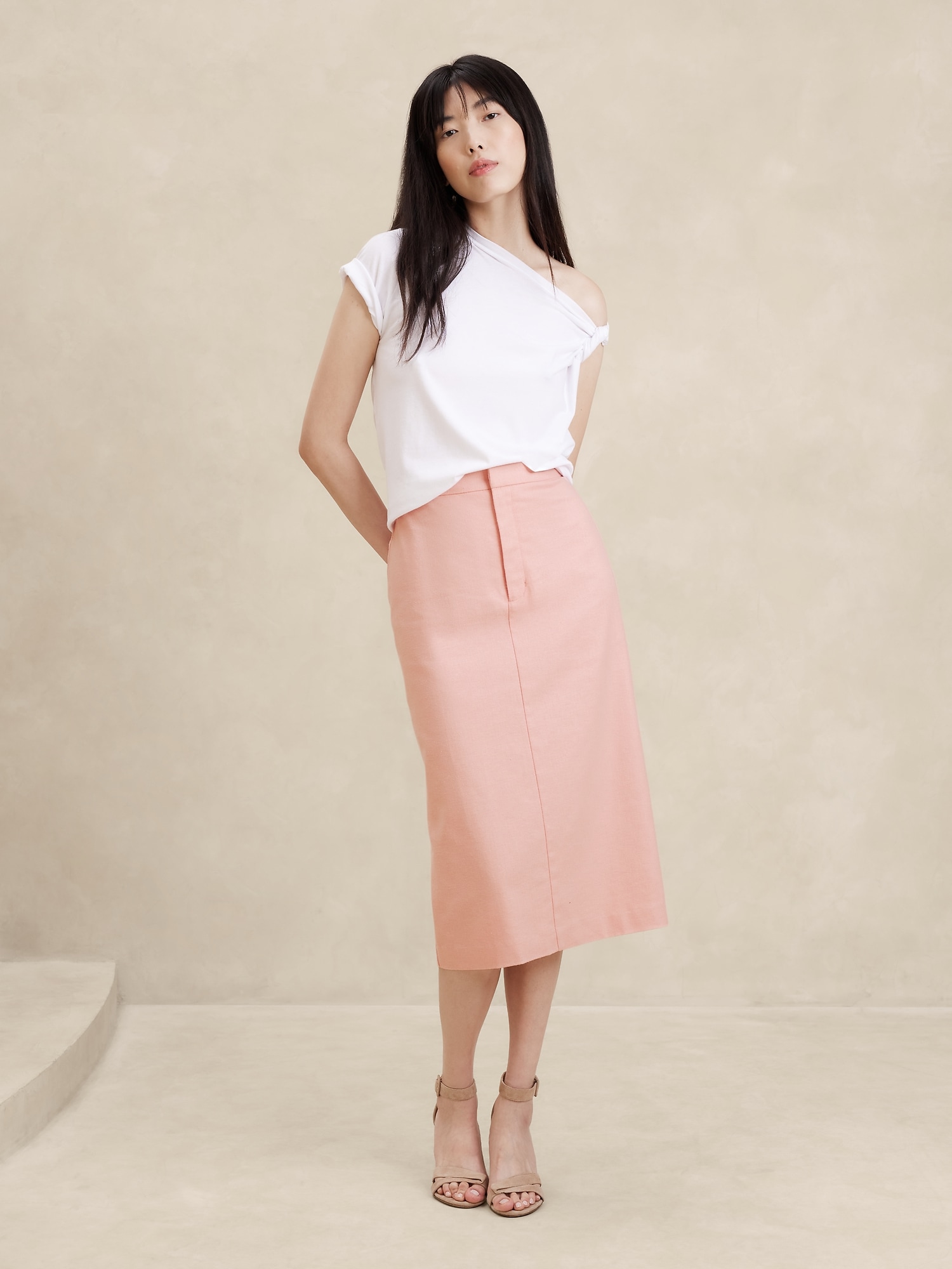 Linen-Blend Herringbone Midi Skirt