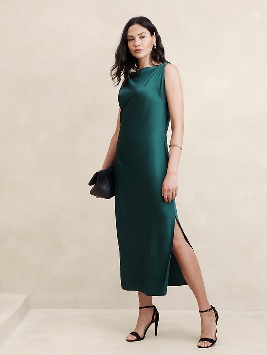 Satin Twist-Shoulder Maxi Dress | Banana Republic Factory