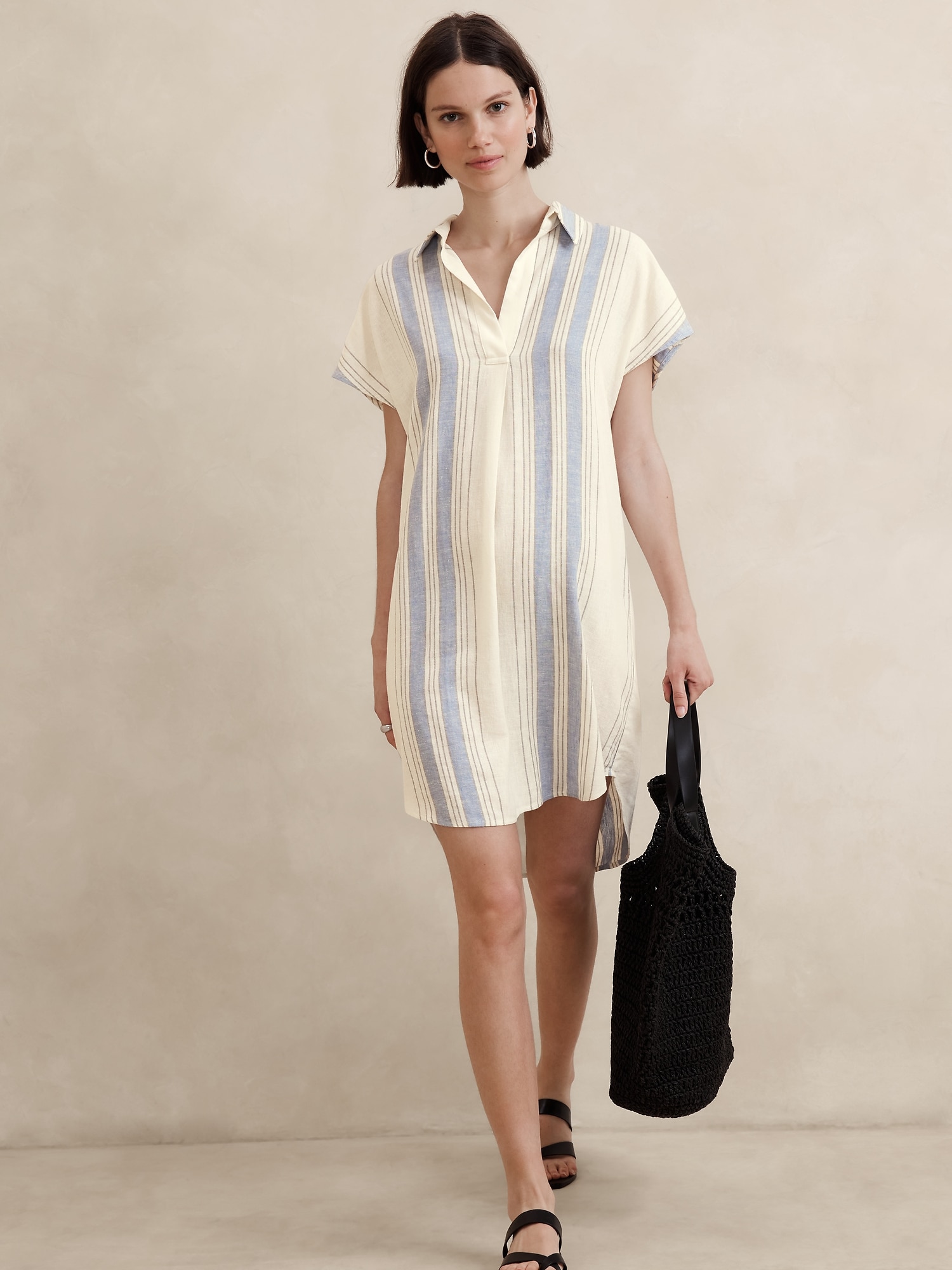 Linen-Blend Popover Mini Dress