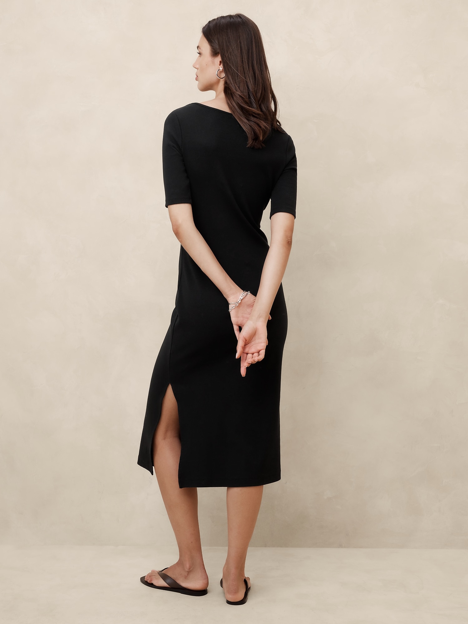 Elbow-Sleeve Ribbed Midi Dress