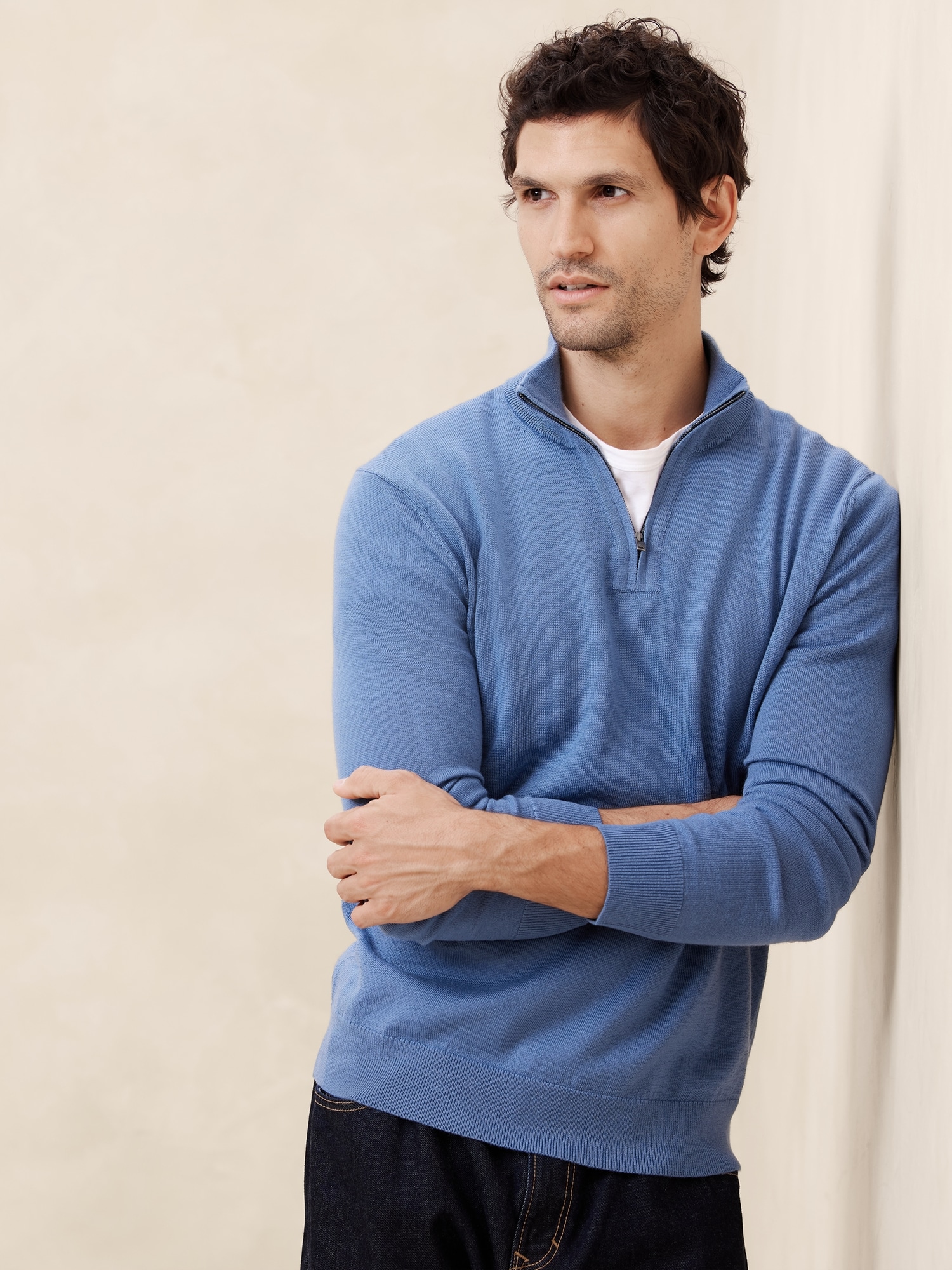 Merino Wool Quarter-Zip Sweater - Blue