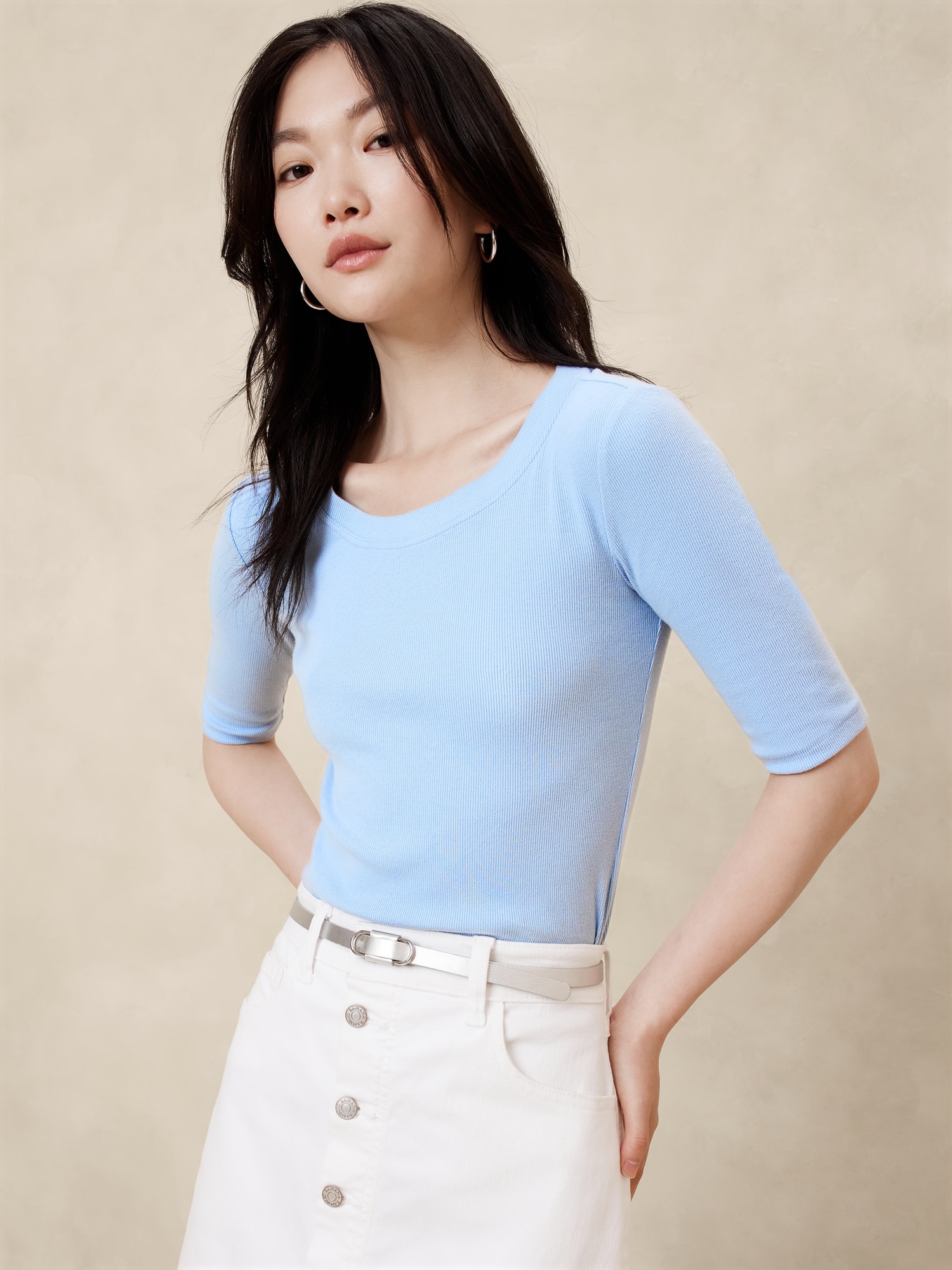 Ribbed Elbow-Sleeve T-Shirt