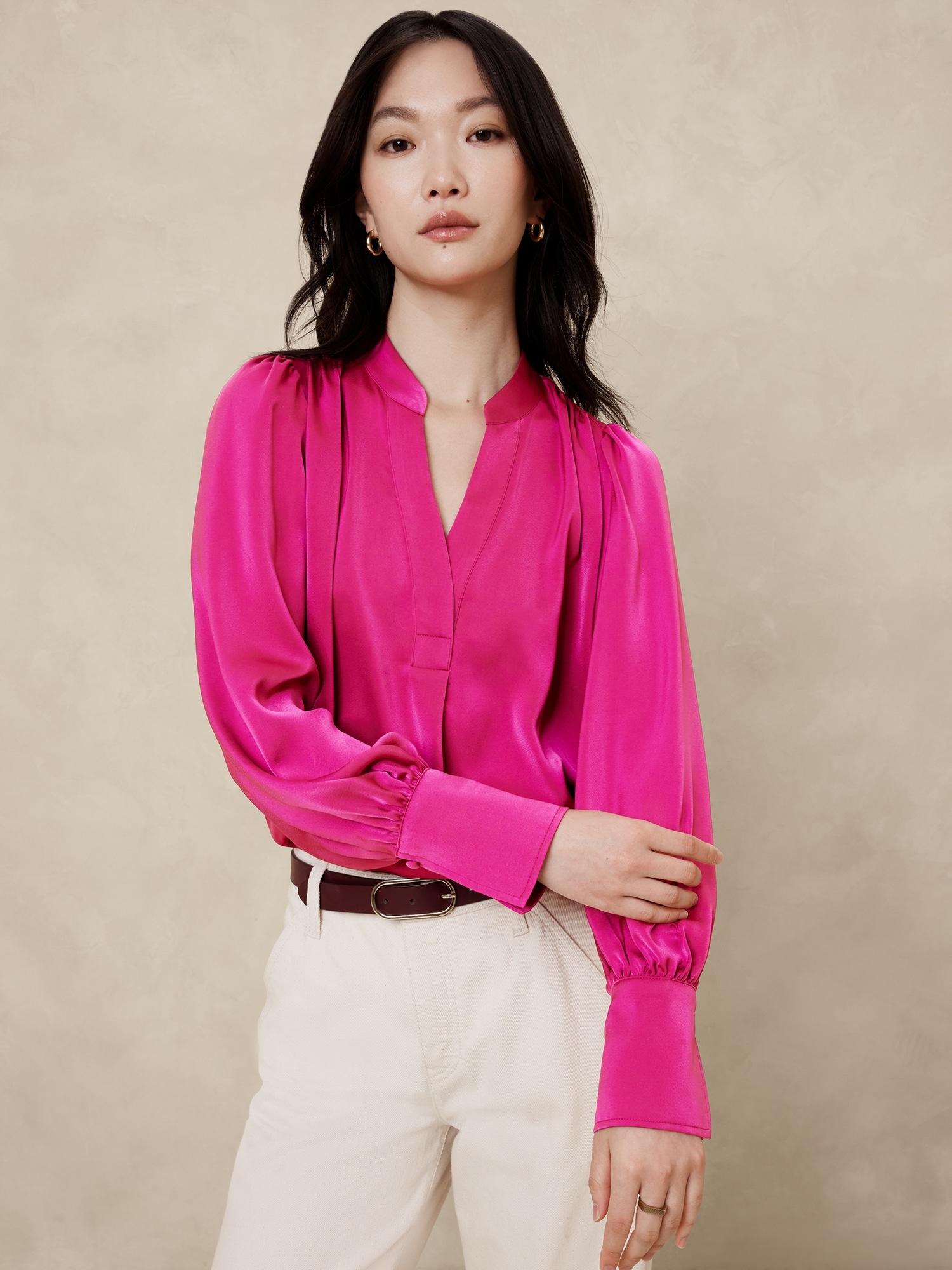 Crepe Volume-Sleeve Blouse