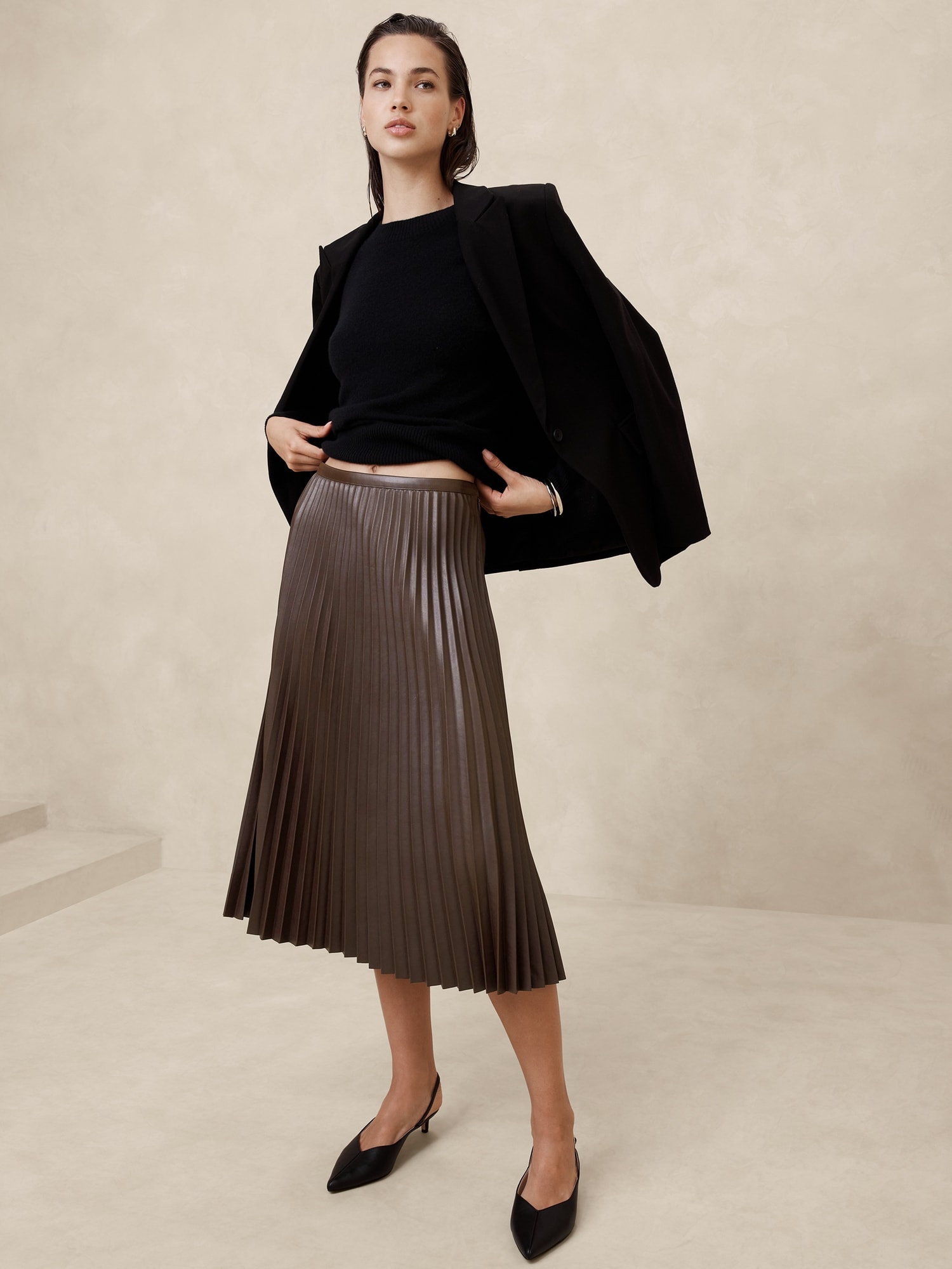 Vegan Leather Pleated Midi Skirt - Brown