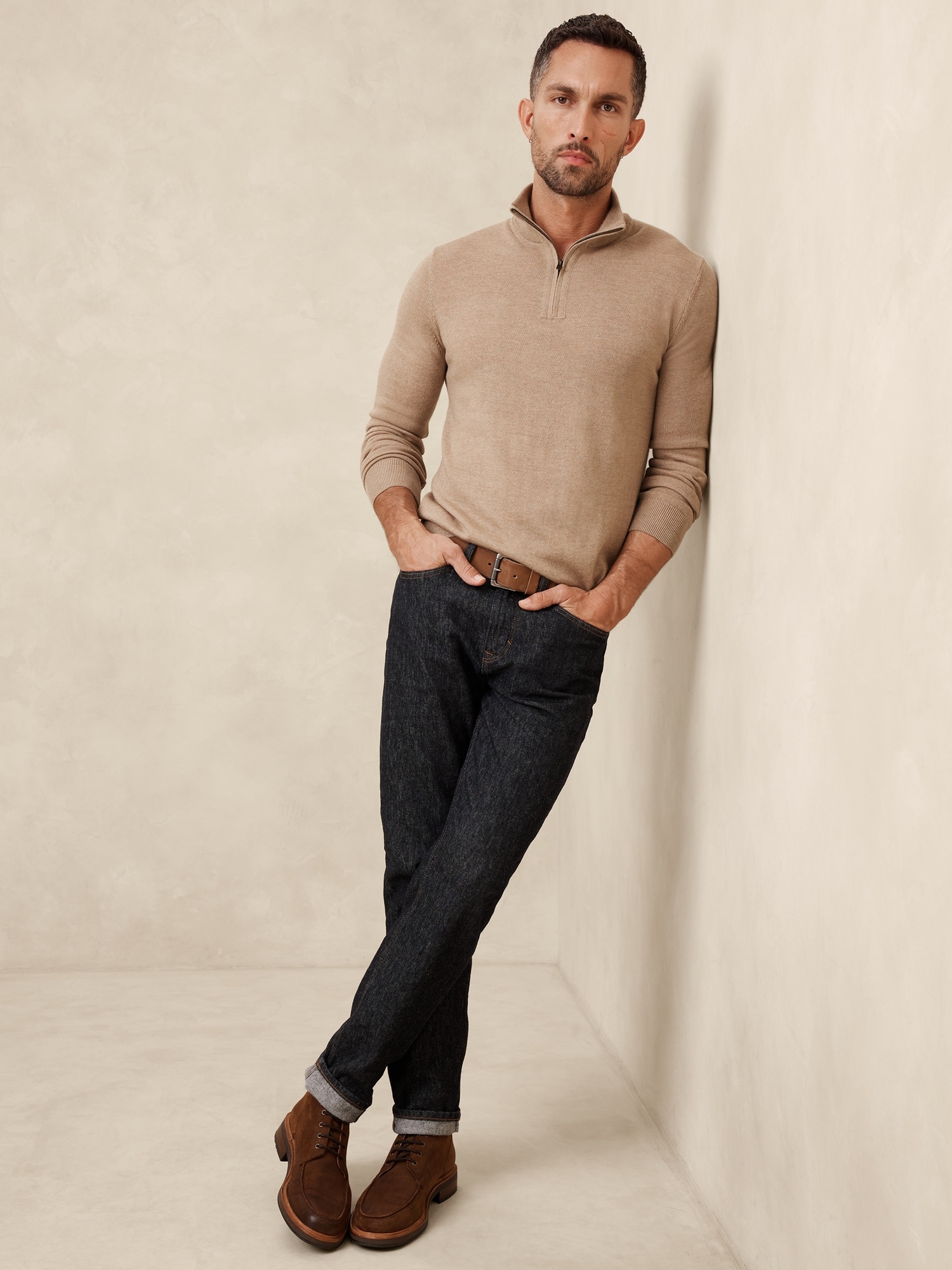 Merino Wool Quarter-Zip Sweater - Beige