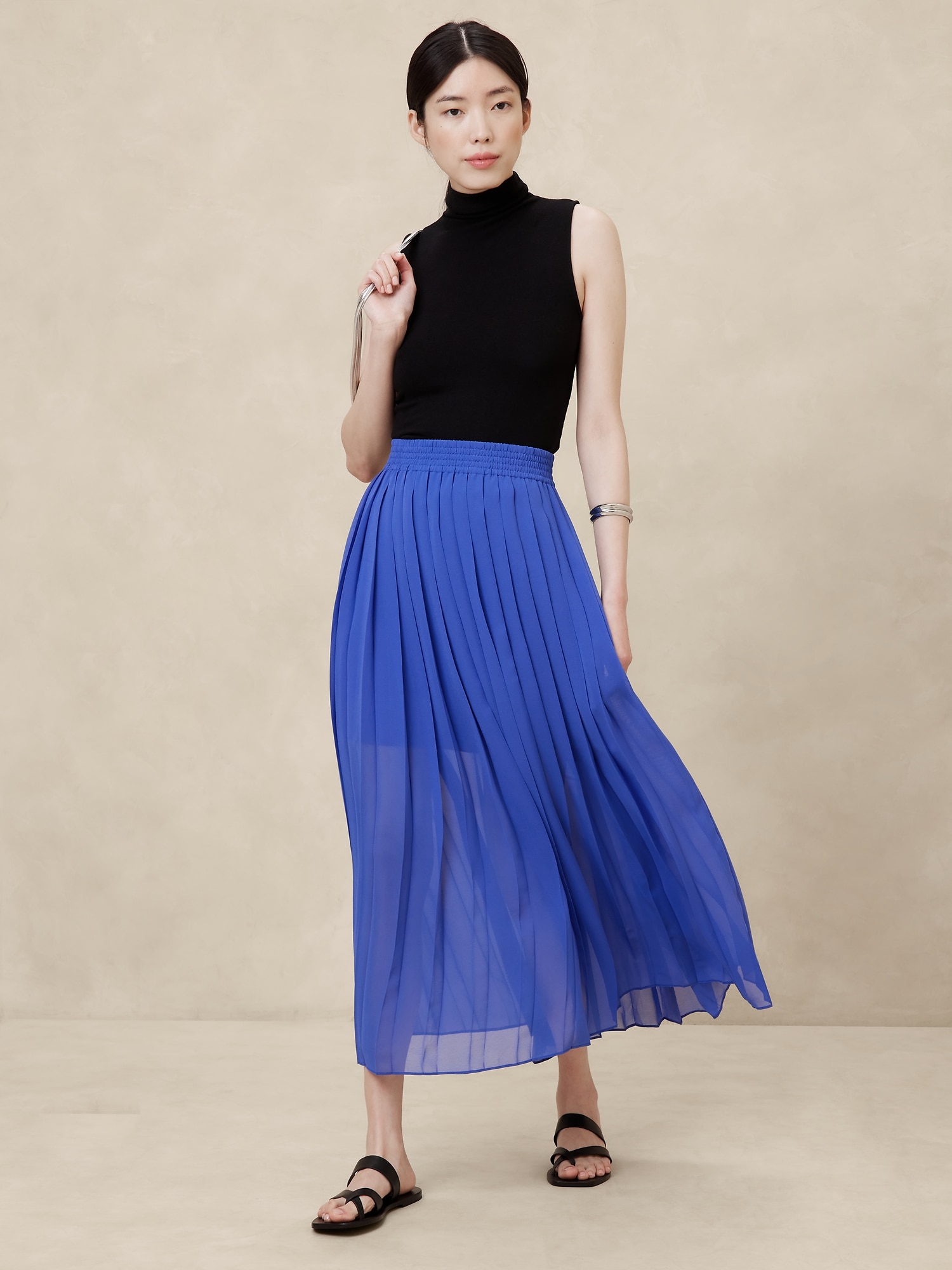 Ruched-Waist Pleated Maxi Skirt