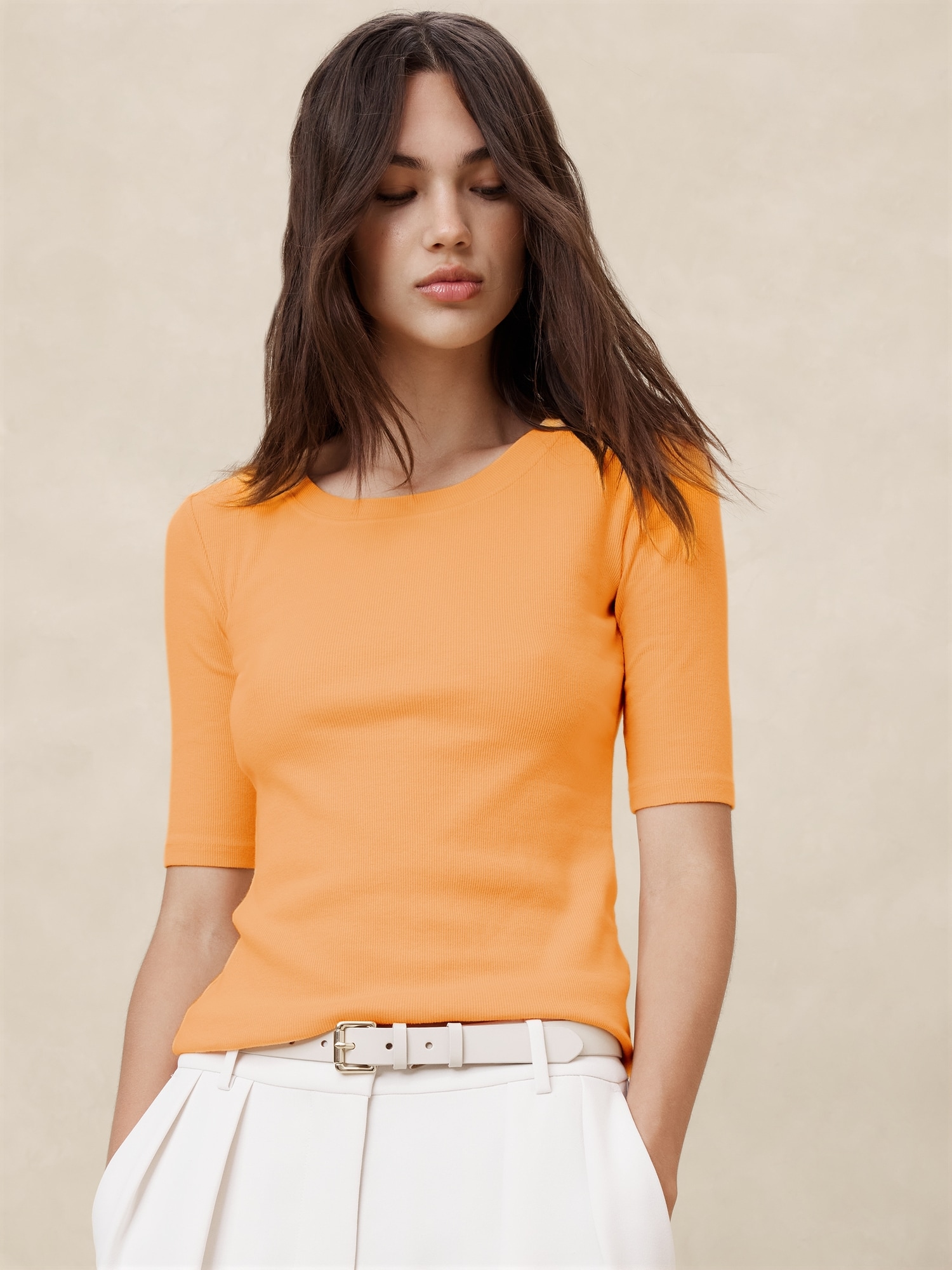 Ribbed Elbow-Sleeve T-Shirt