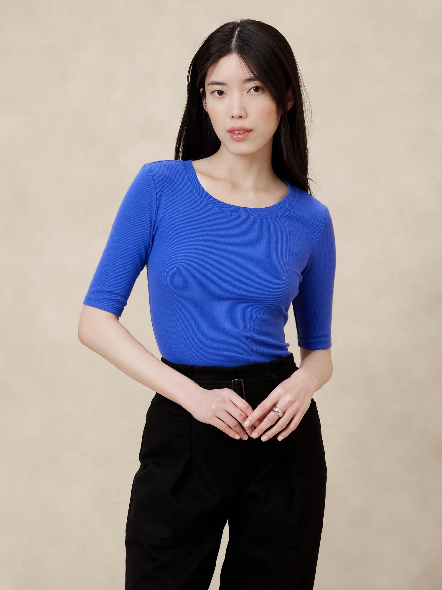 Ribbed Elbow-Sleeve T-Shirt