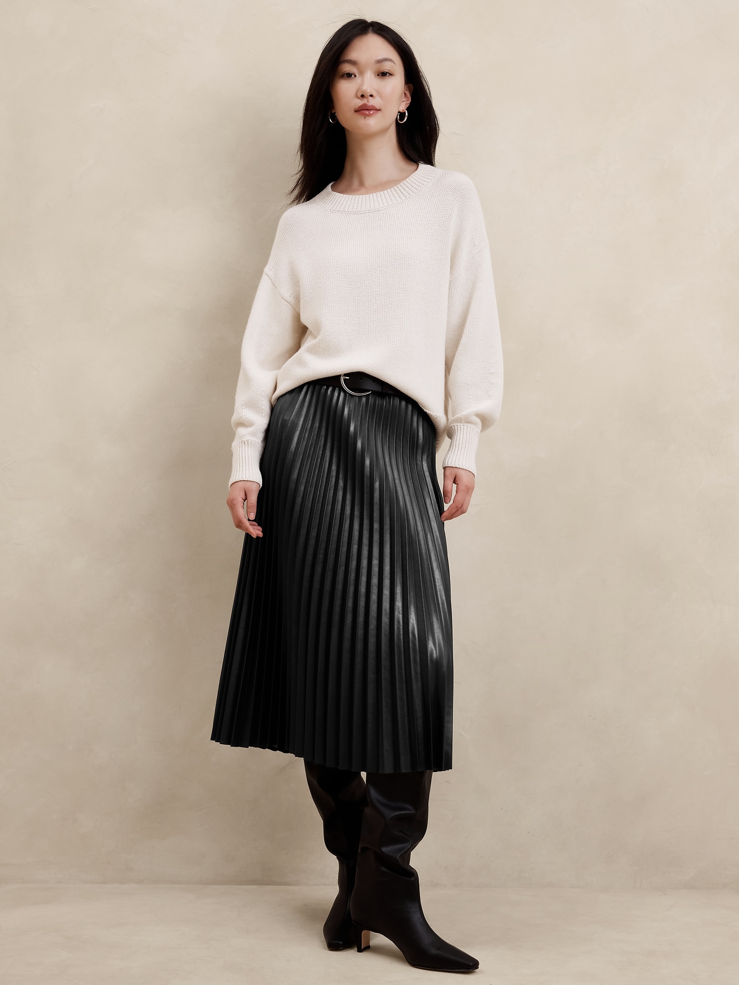 Vegan Leather Pleated Midi Skirt