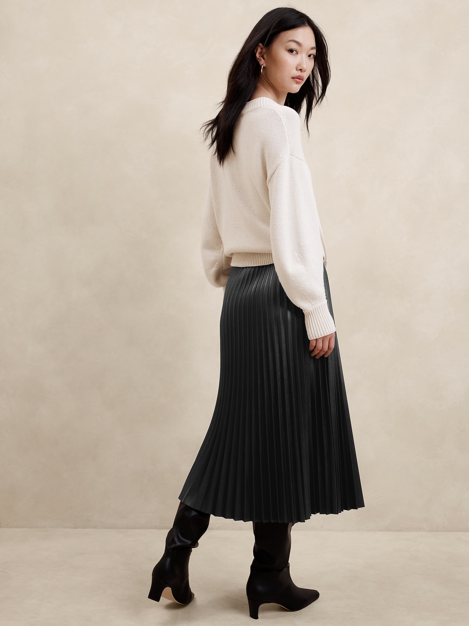 Vegan Leather Pleated Midi Skirt