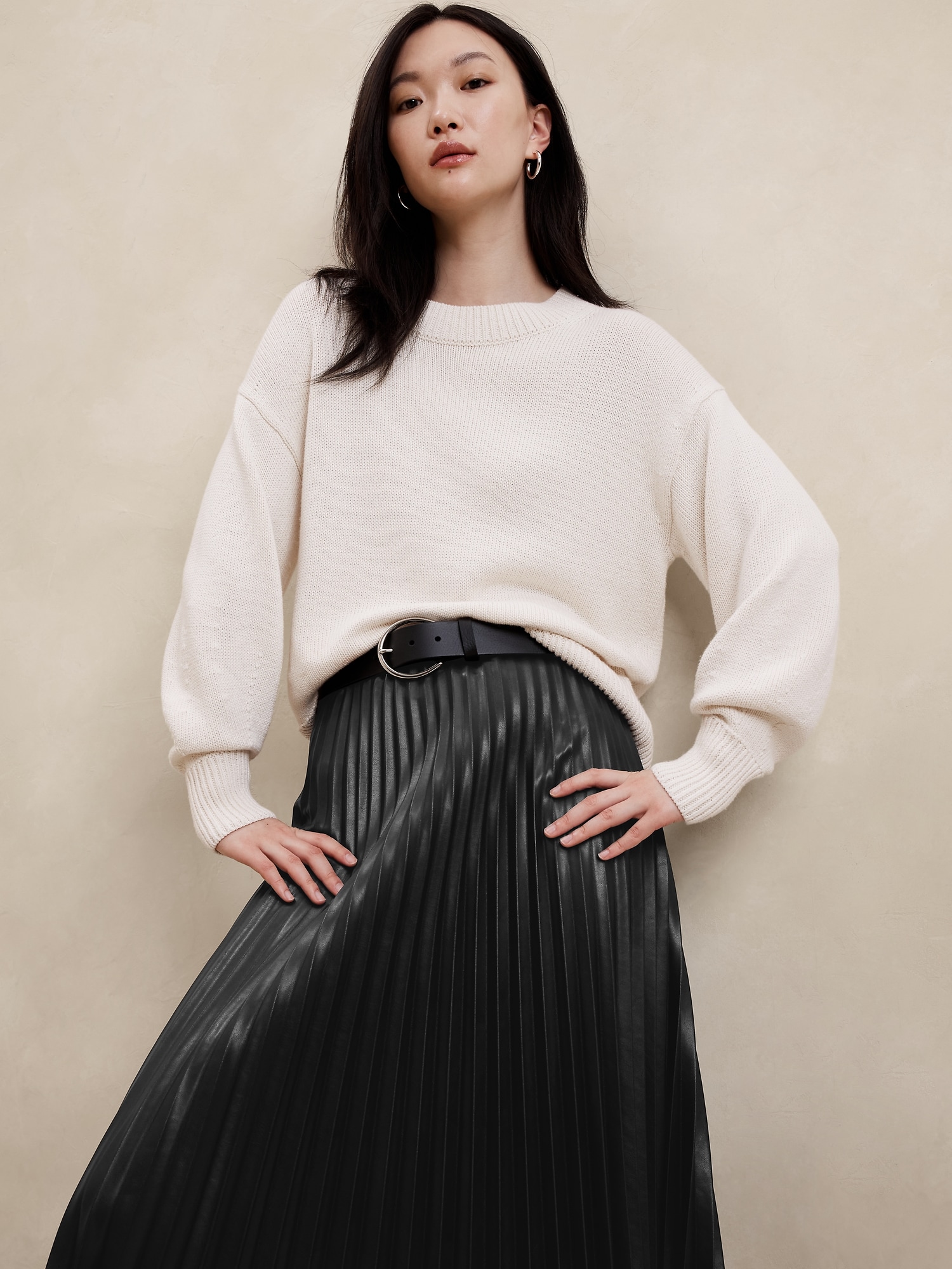 Vegan Leather Pleated Midi Skirt