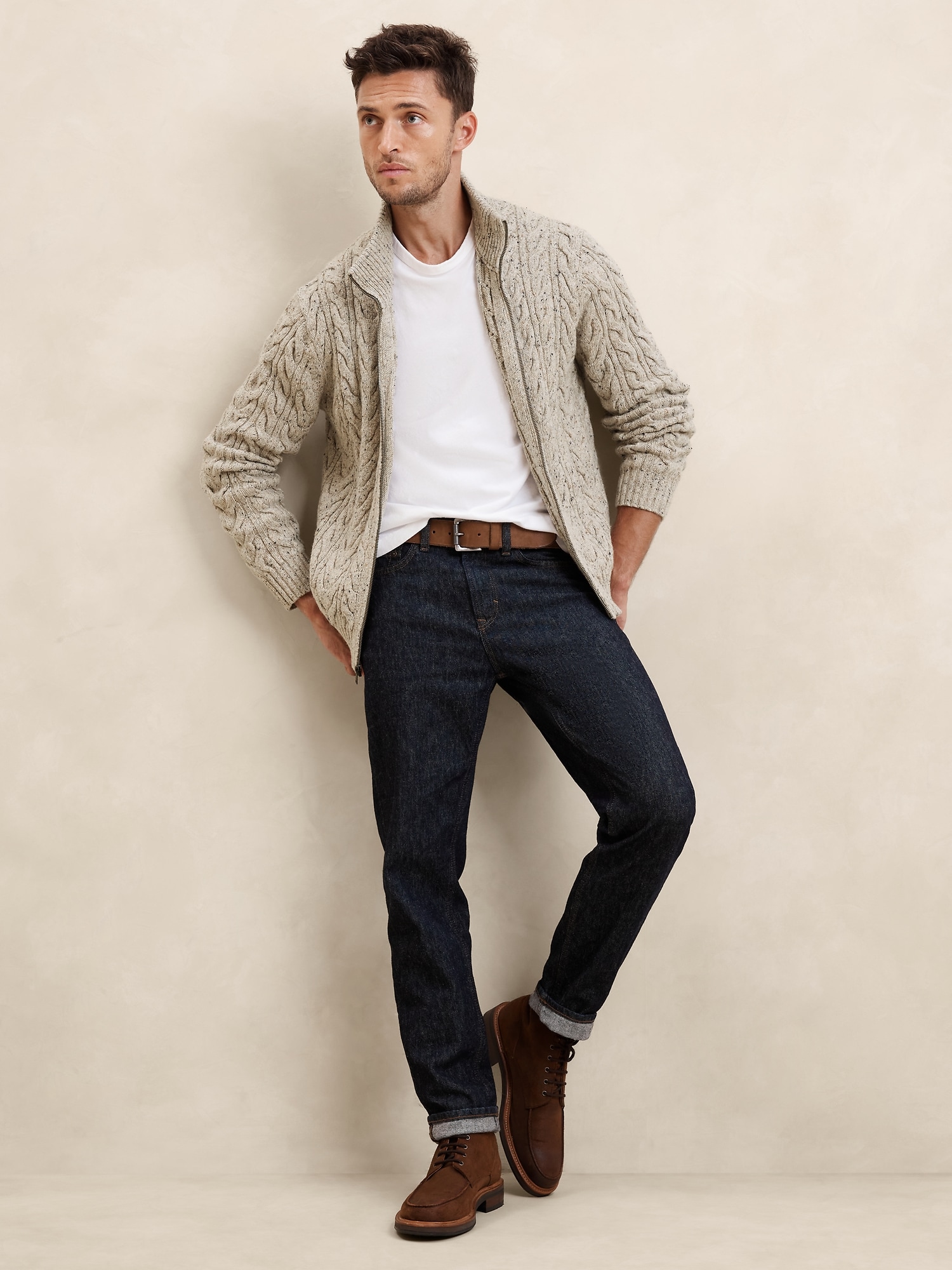 Tweed Cable Sweater Jacket - Beige