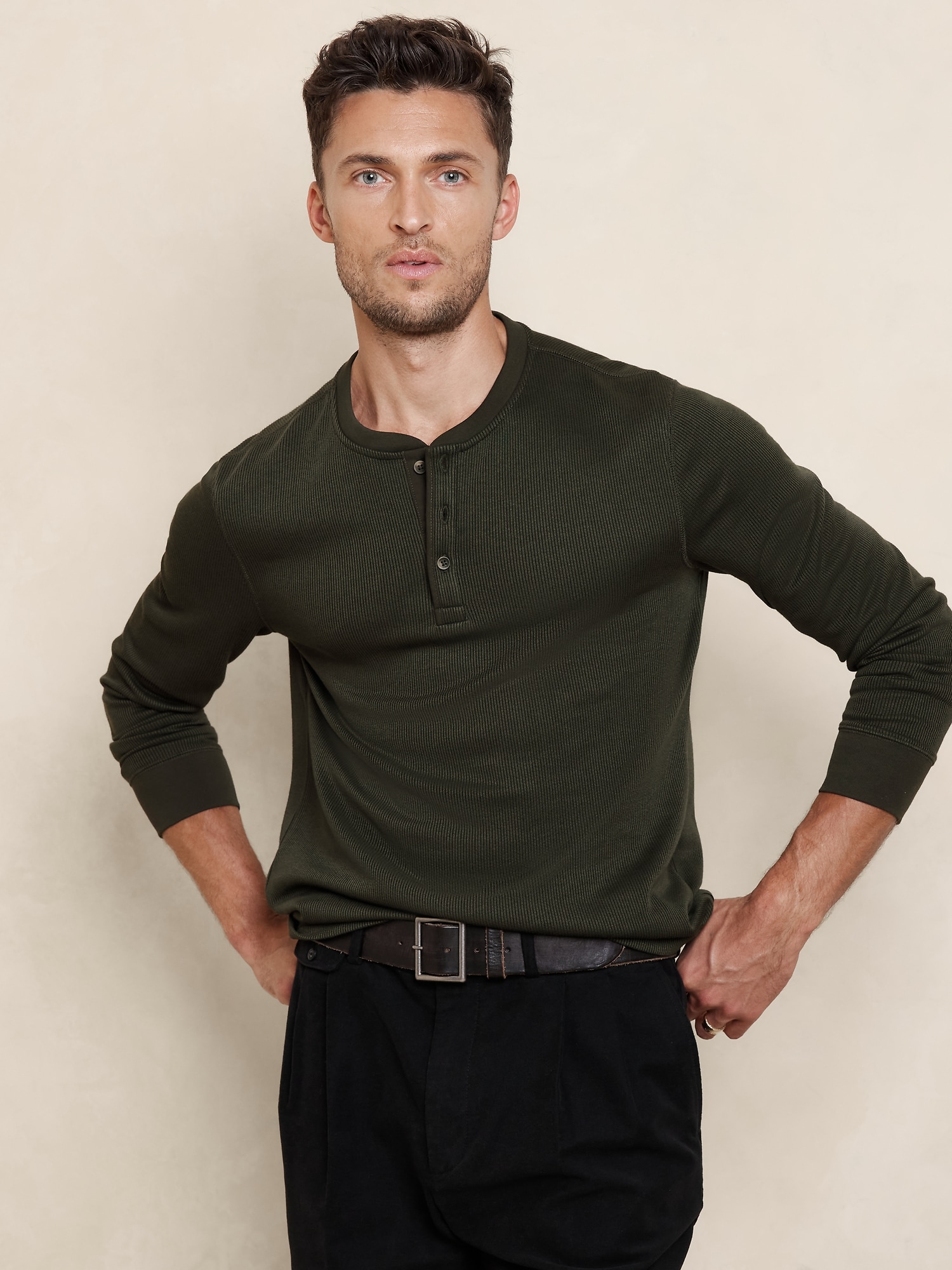 Waffle Knit Thermal Henley - Green