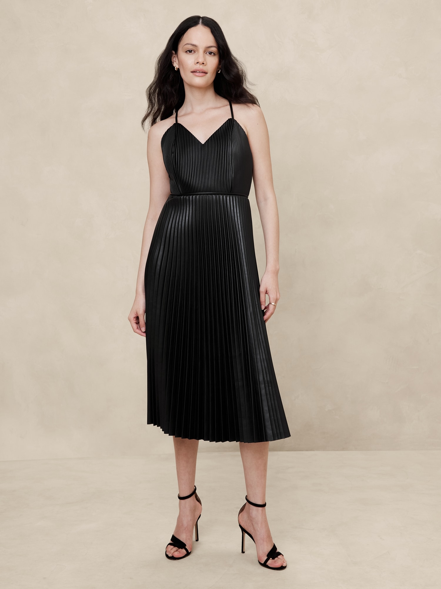 Vegan Leather Pleated Midi Dress