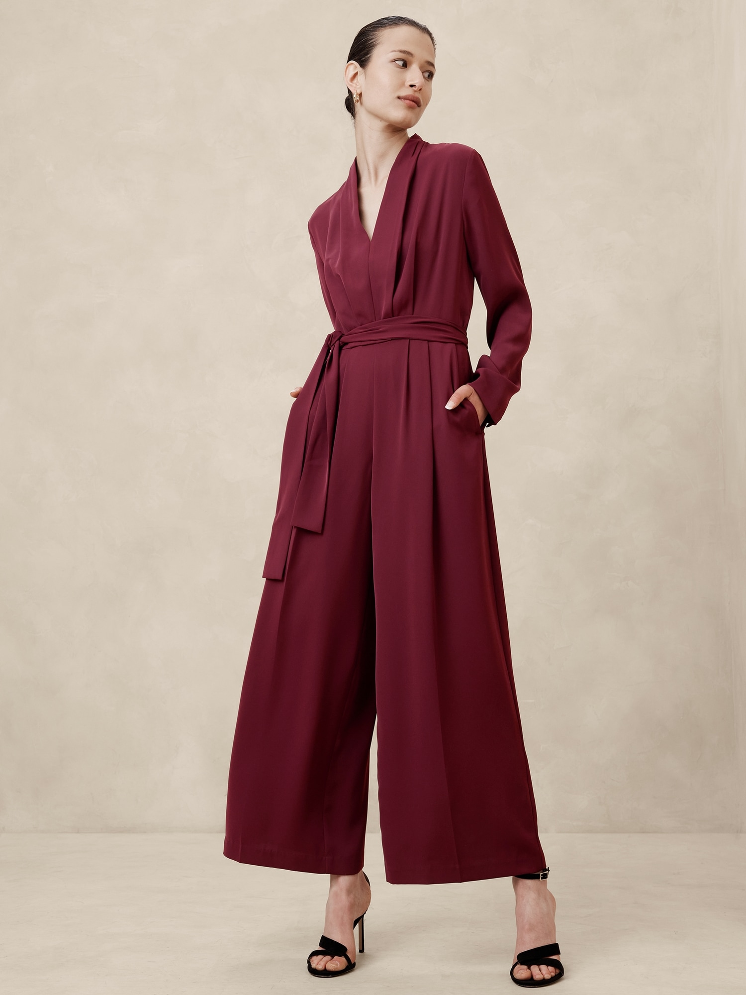 Crepe Deep V-Neck Jumpsuit - Purple