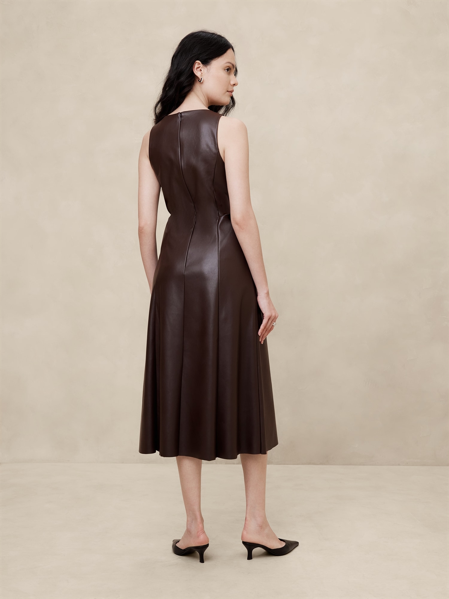 Vegan Leather Paneled Midi Dress