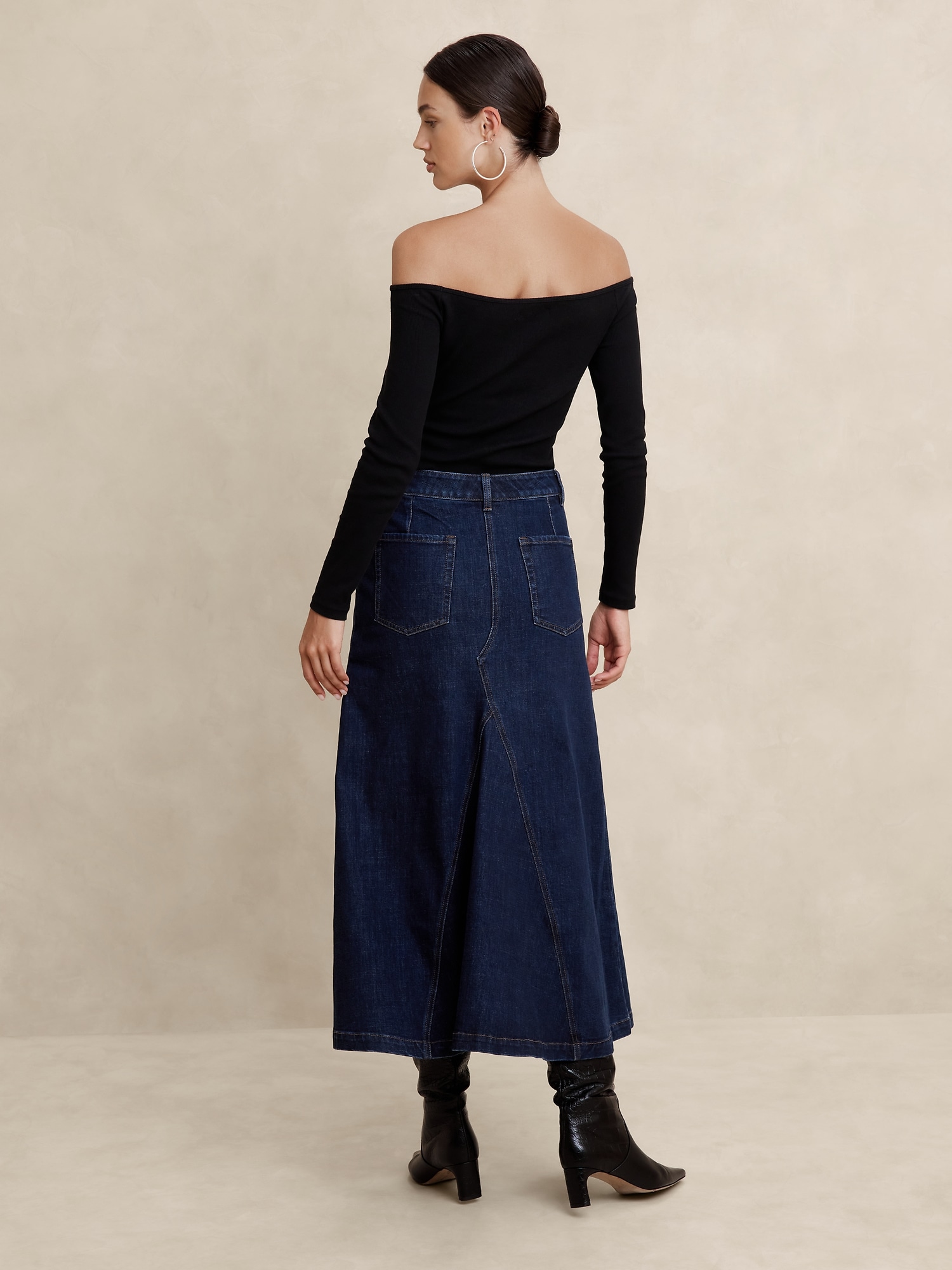 Center Split Classic Denim Maxi Skirt