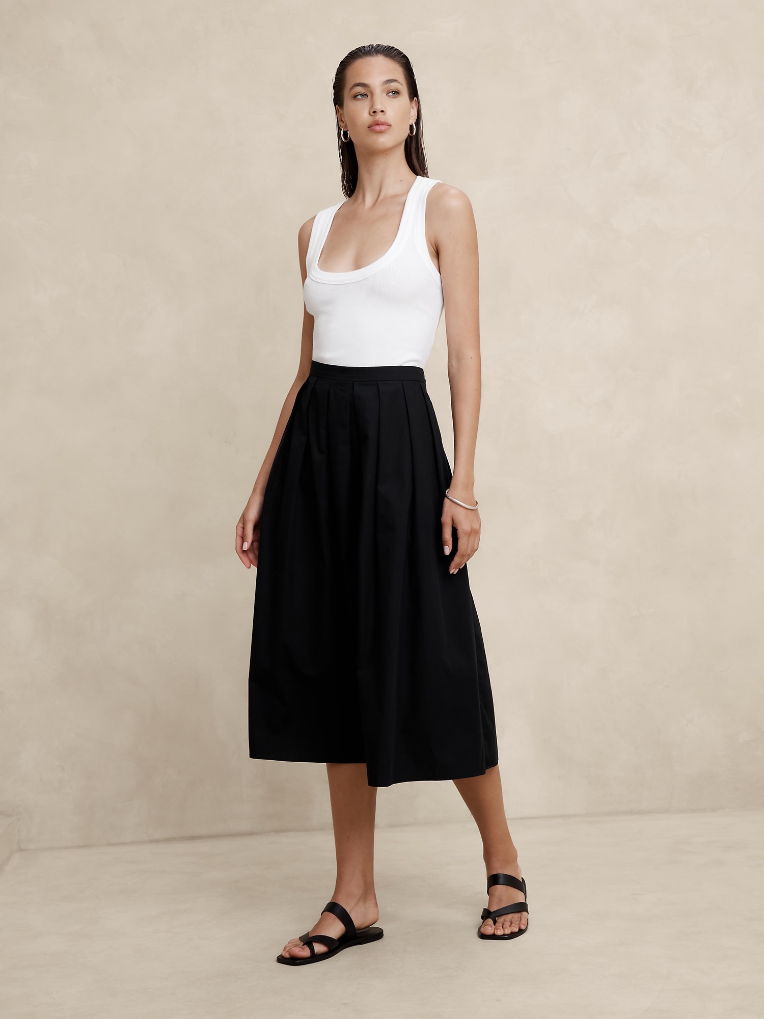 Poplin Pleated Midi Skirt