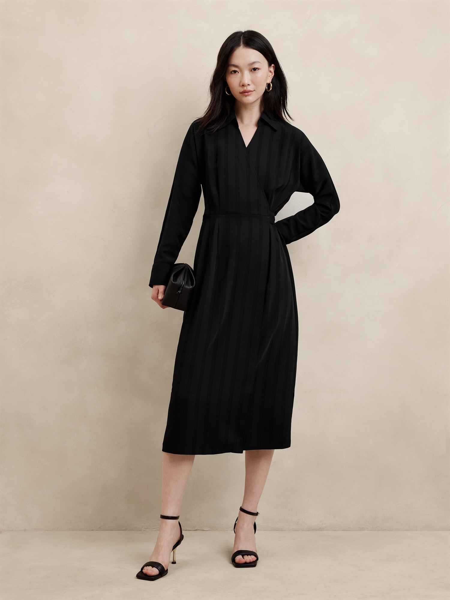 Tonal Stripe Wrap Midi Dress - Black