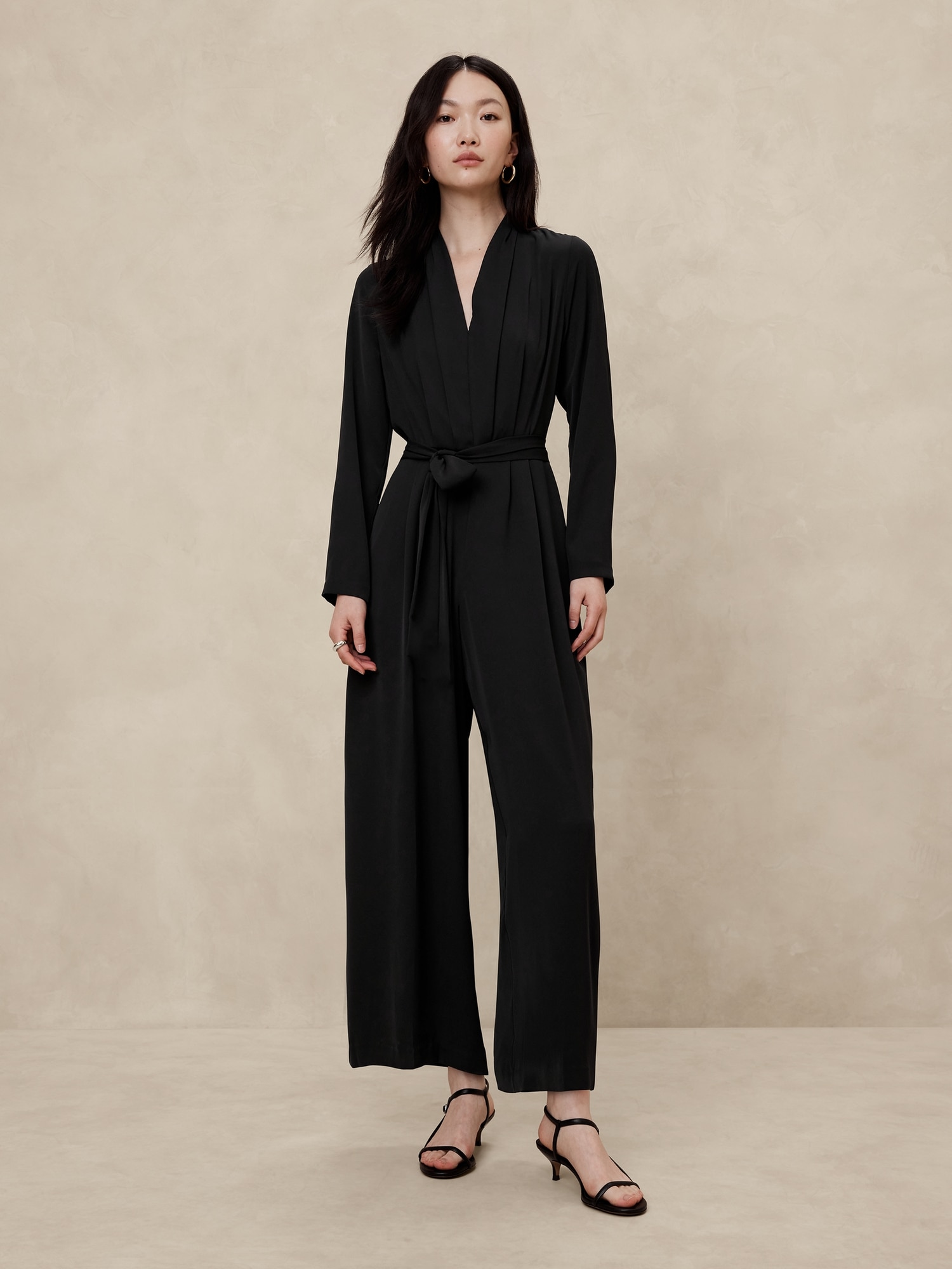 Crepe Deep V-Neck Jumpsuit - Black