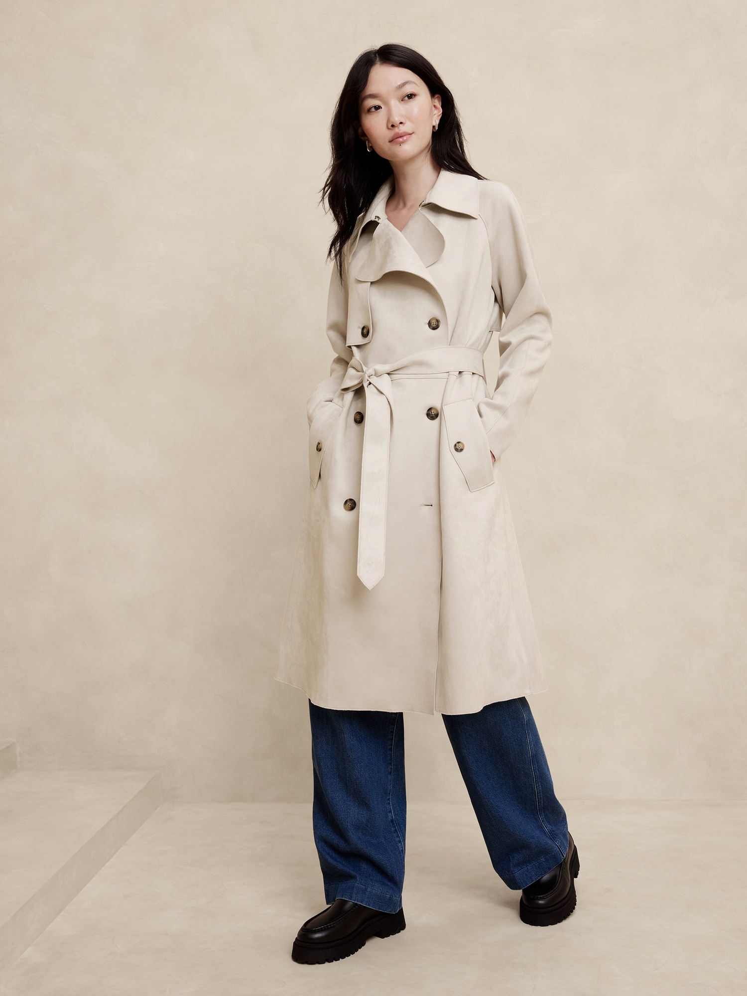 Vegan Suede Trench Coat - Gray