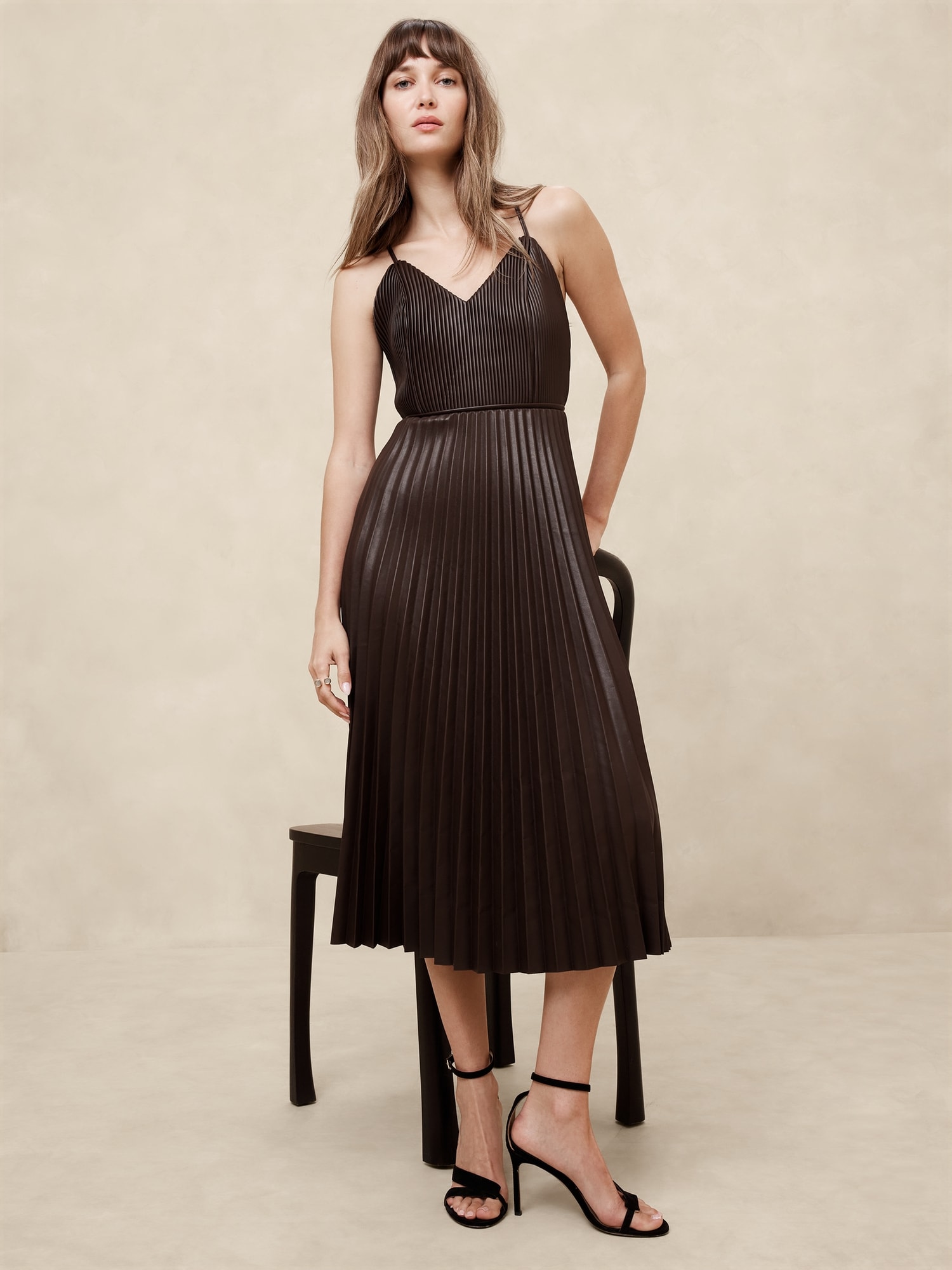 Vegan Leather Pleated Midi Dress