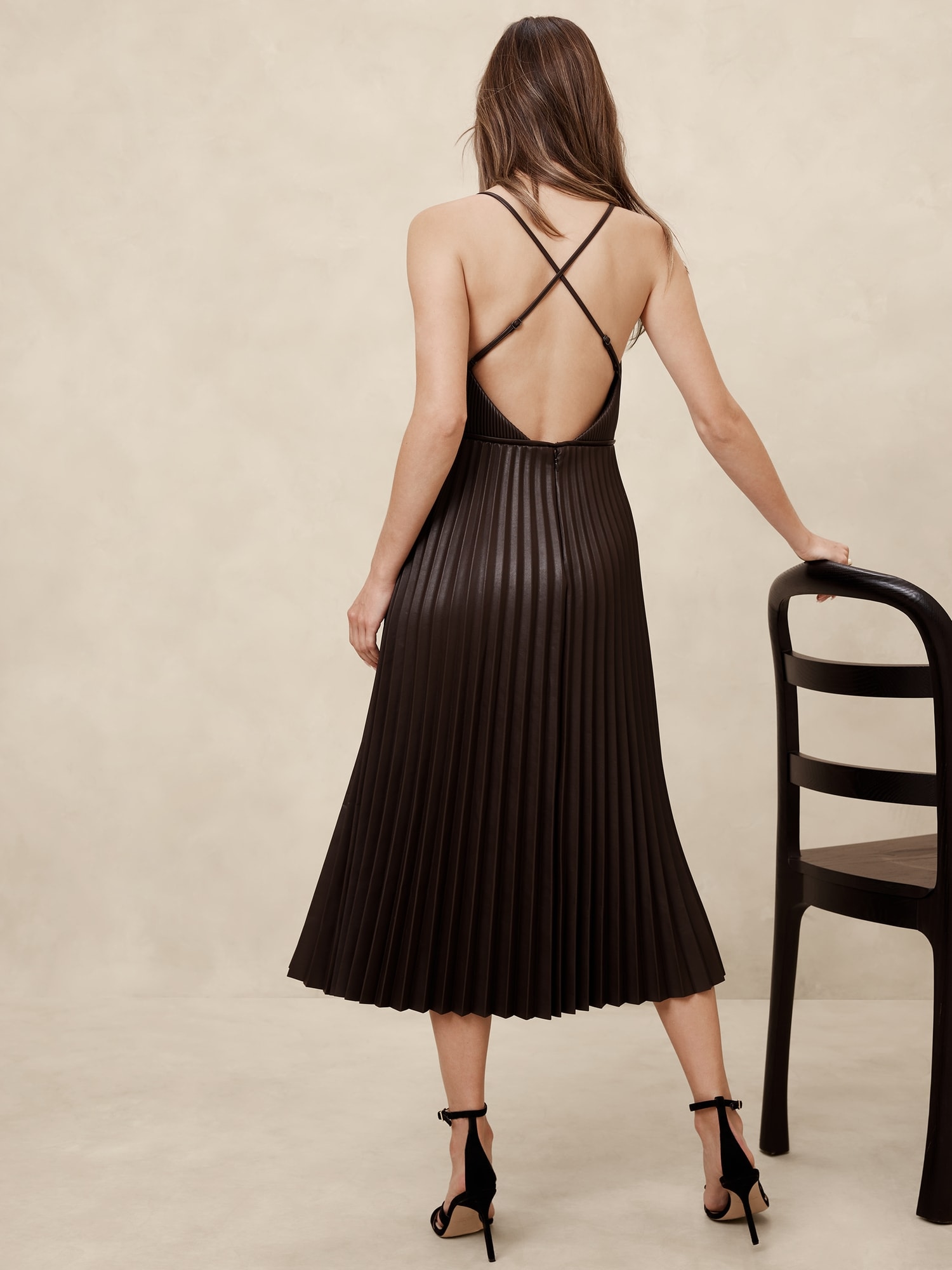 Vegan Leather Pleated Midi Dress