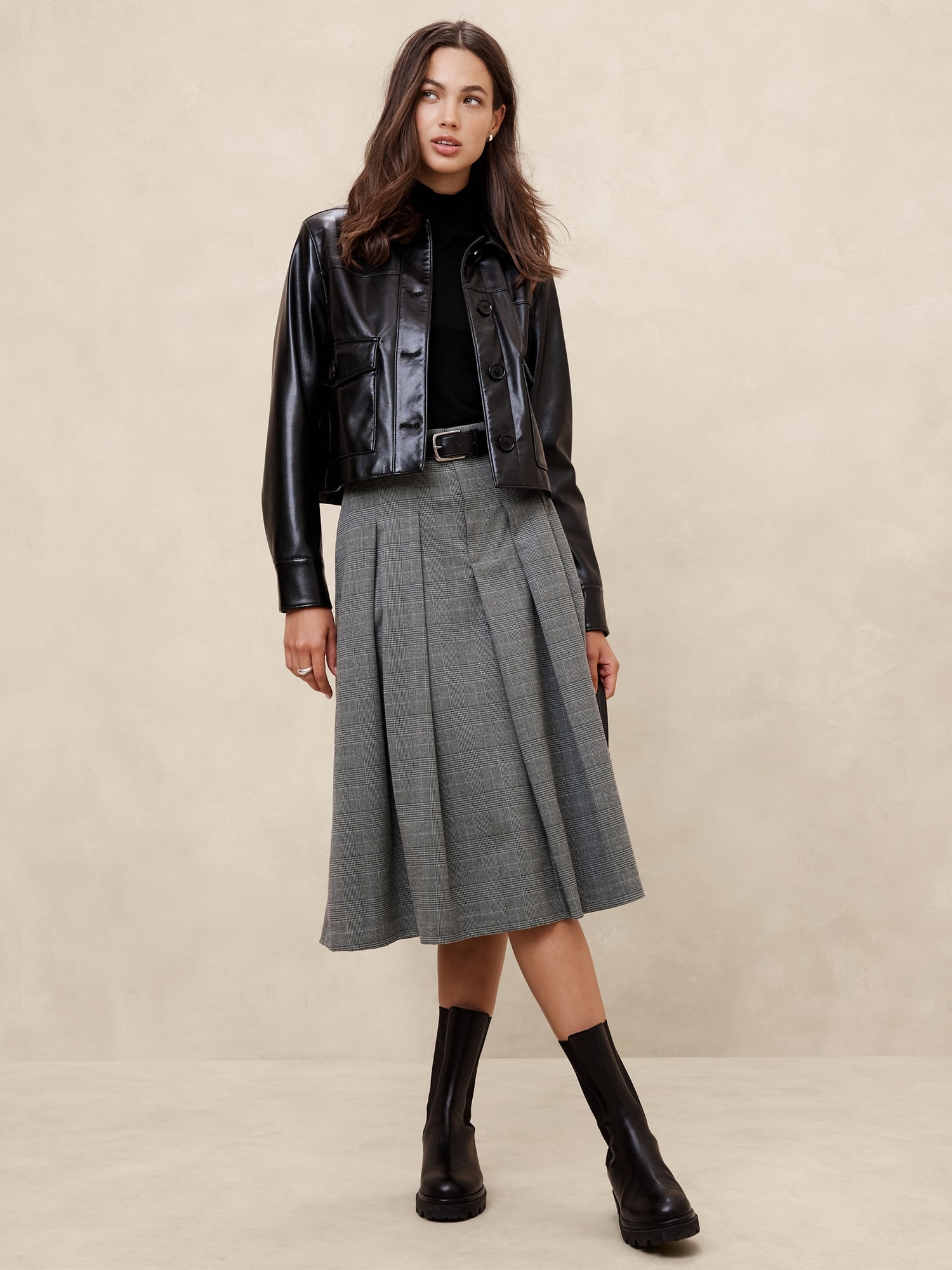 Herringbone Pleated Midi Skirt