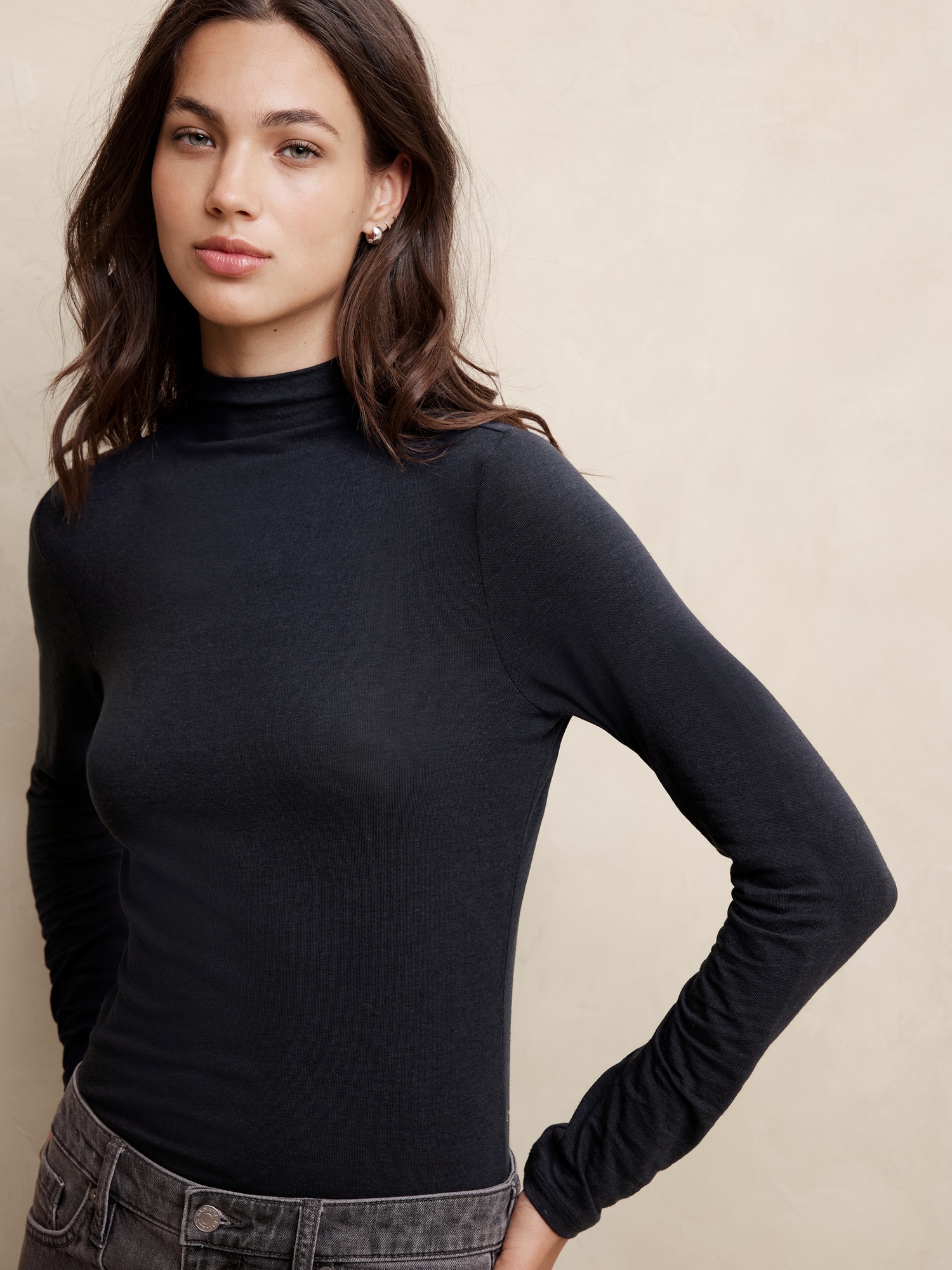 Tissue Rayon Mock-Neck Top