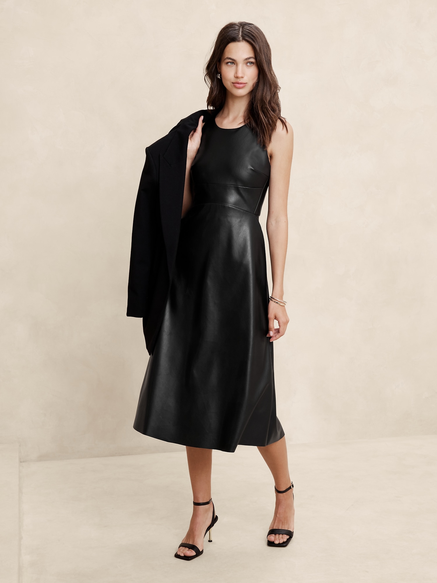 Vegan Leather Paneled Midi Dress