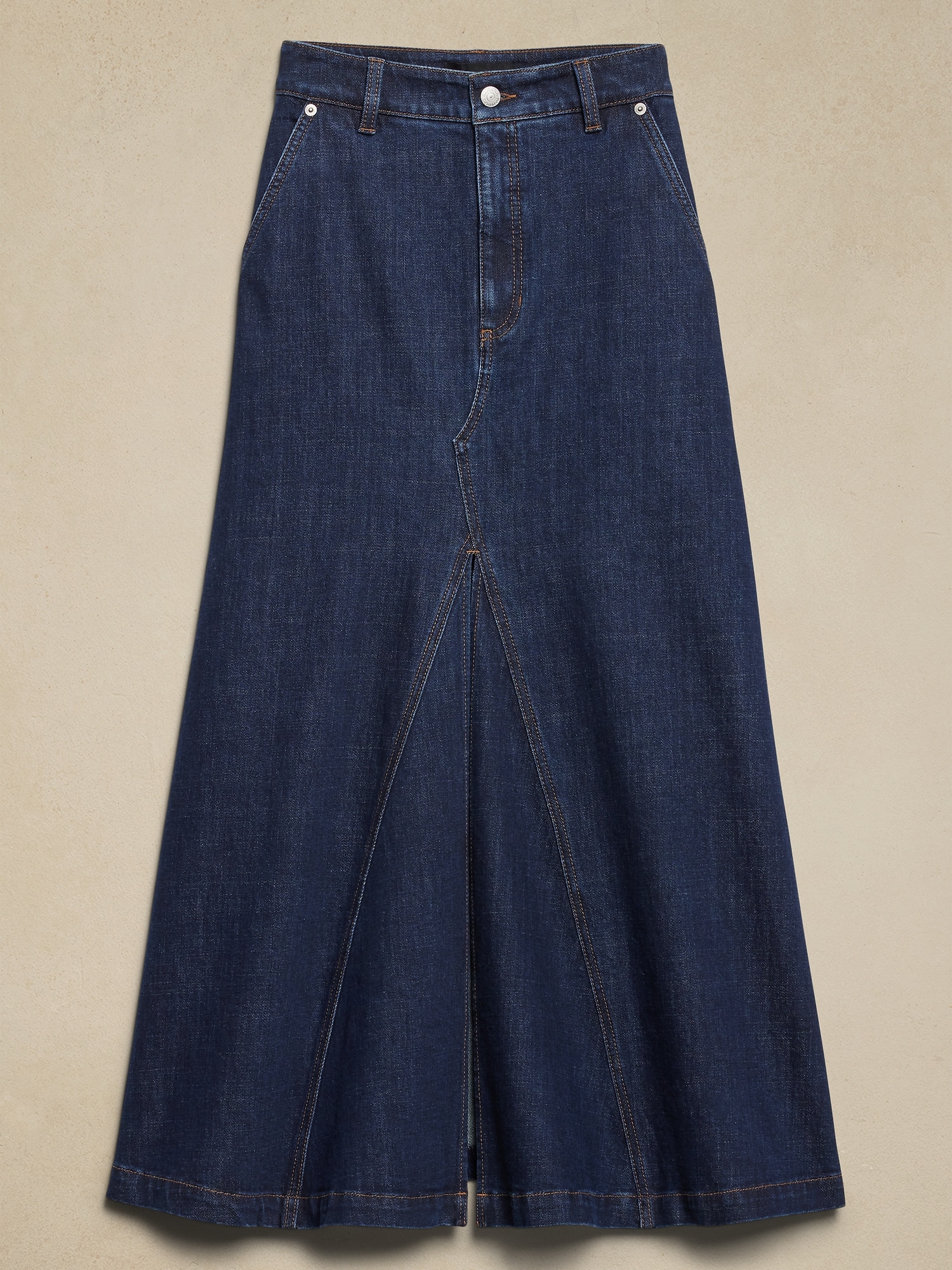 Center Split Classic Denim Maxi Skirt