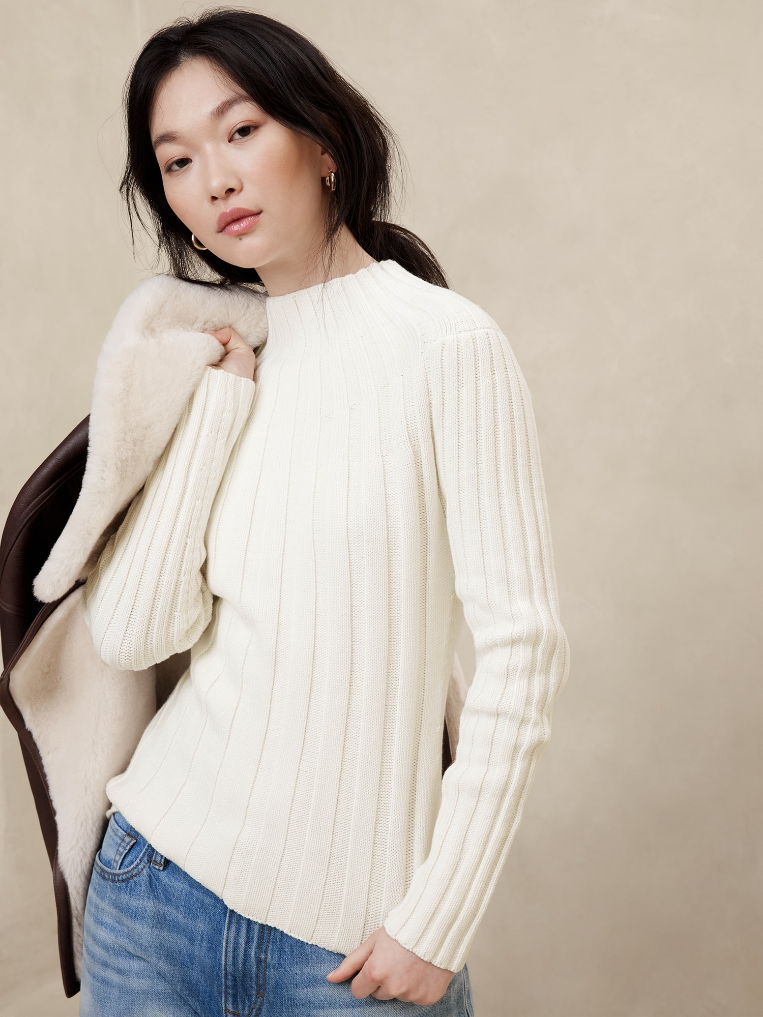 Mock-Neck Ribbed Sweater