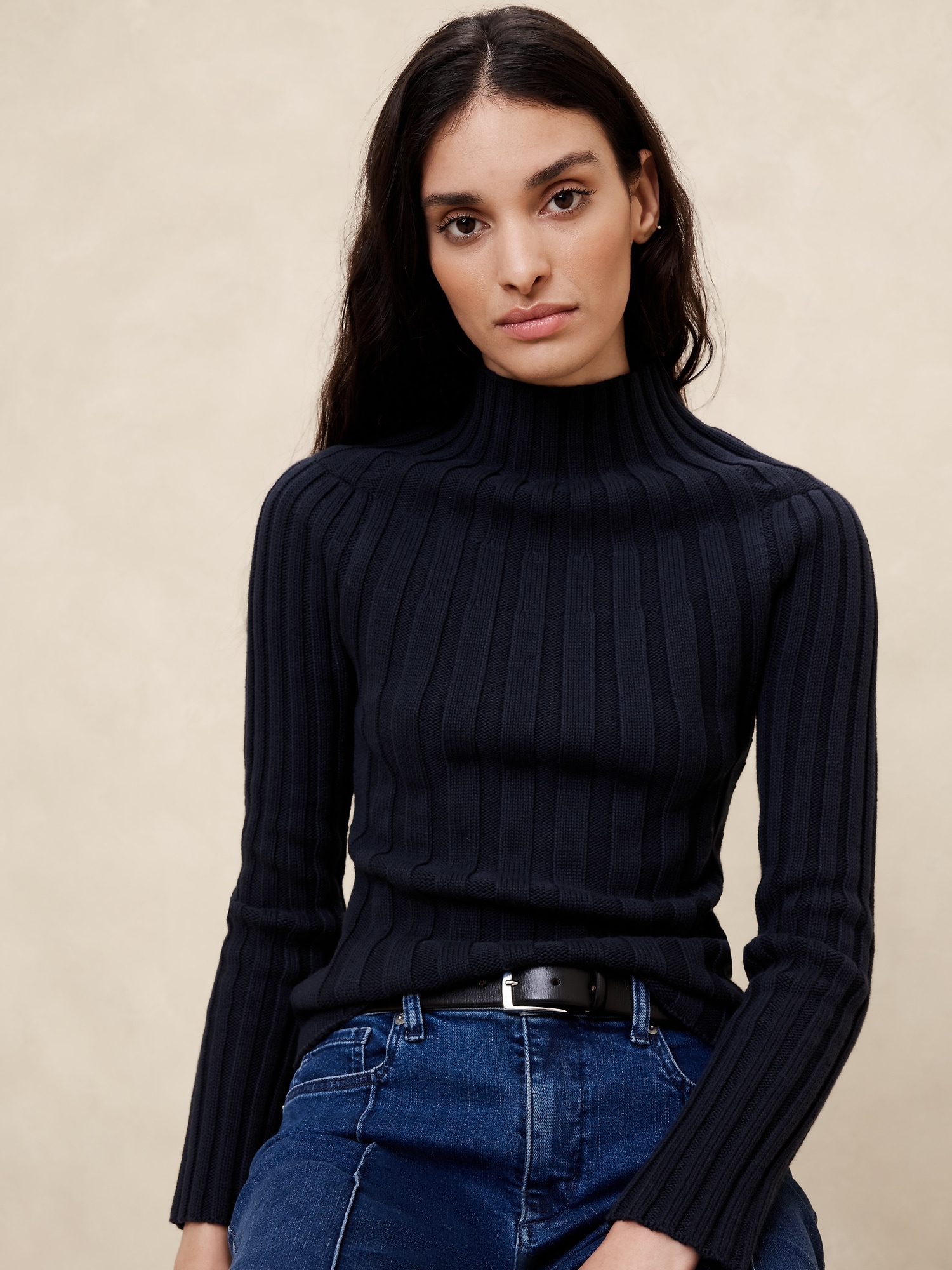 Mock-Neck Ribbed Sweater