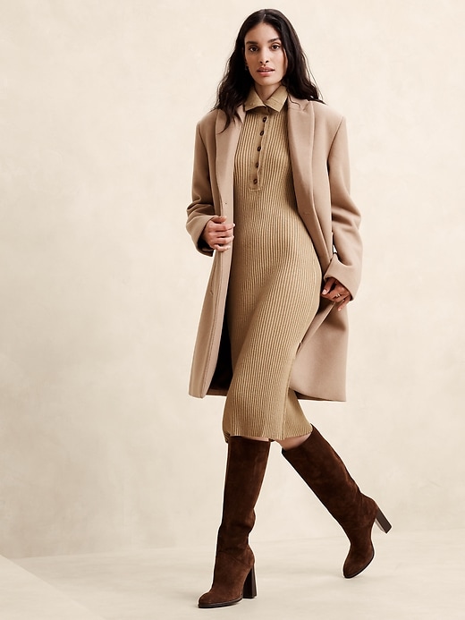 polo fitted midi sweater dress HATCH Collection The Averie Polo Rib Sweater Dress in Navy