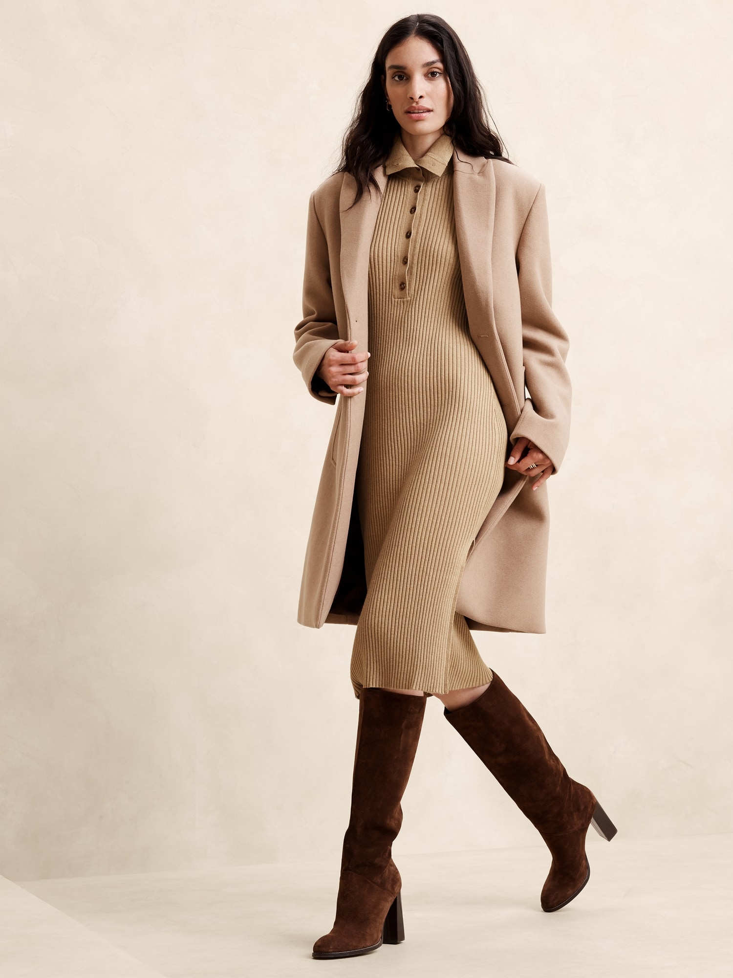 Polo Fitted Midi Sweater Dress - Brown