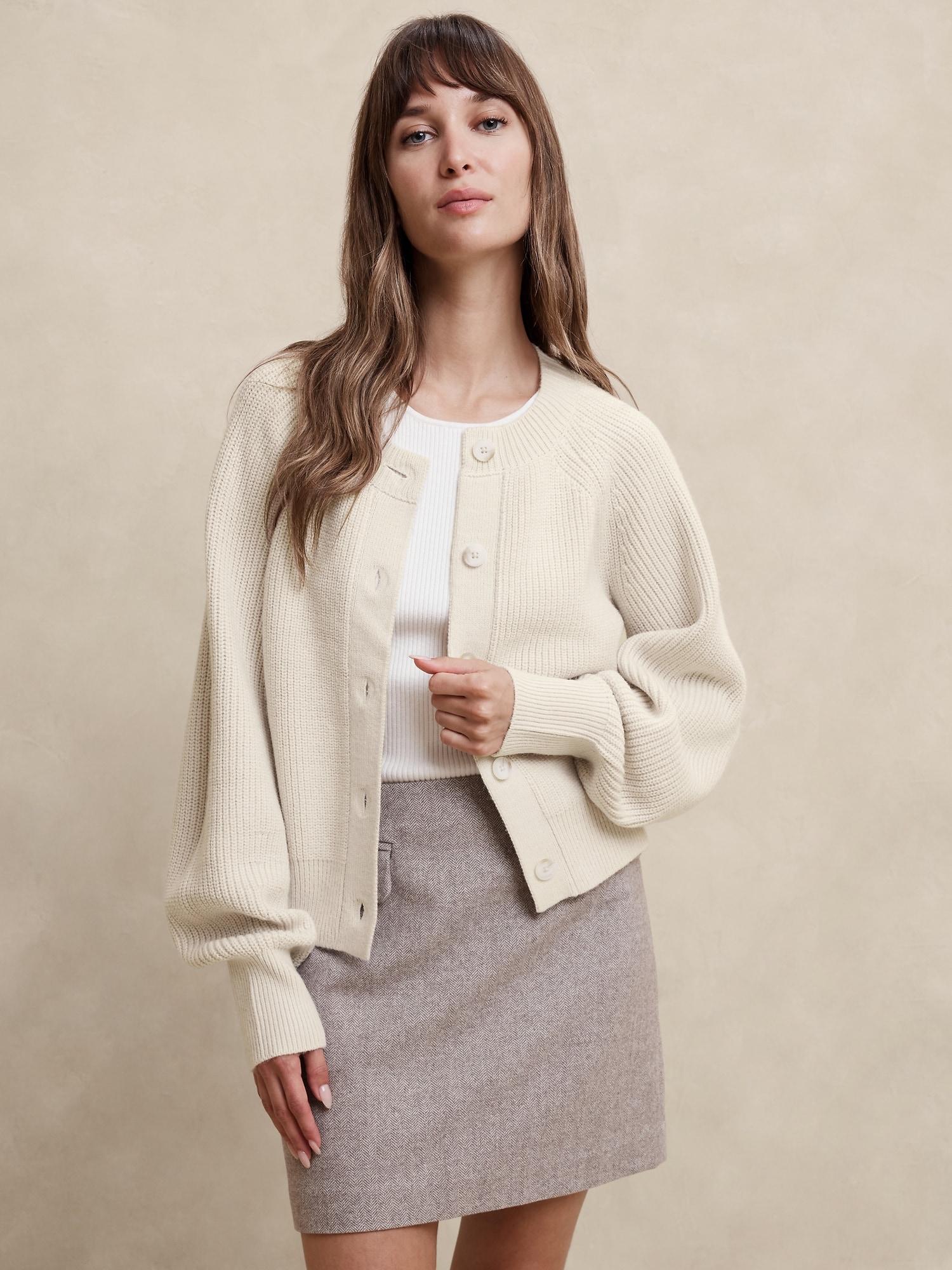 Chunky Balloon-Sleeve Cardigan - Beige