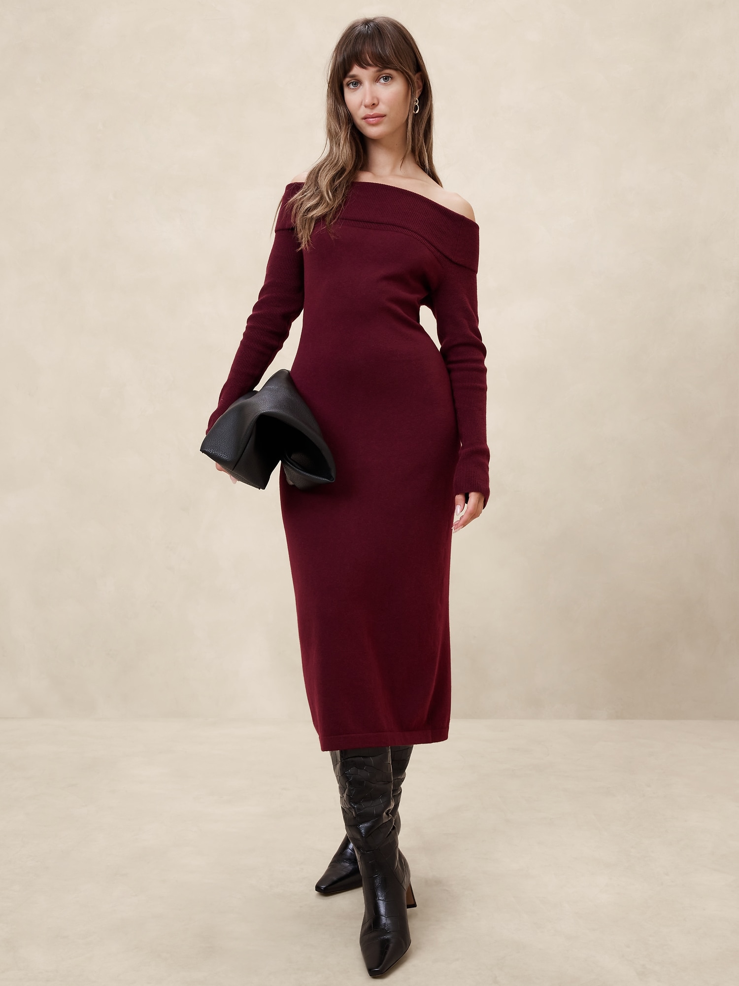 Off-Shoulder Midi Sweater Dress - Purple