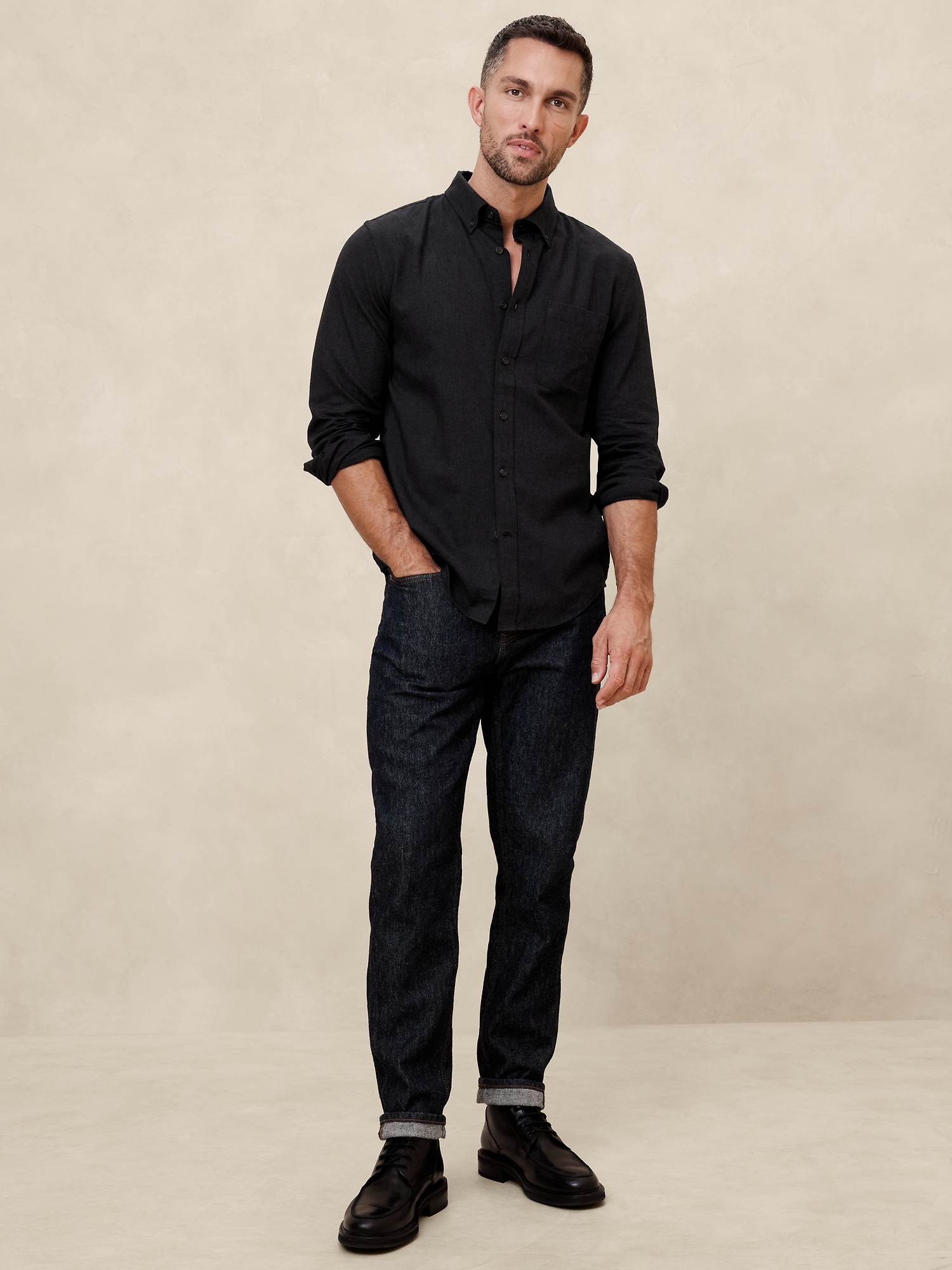 Slim Lightweight Flannel Shirt - Black