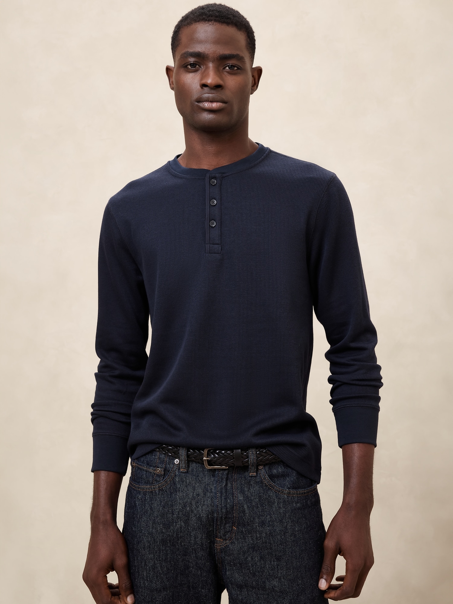 Waffle Knit Thermal Henley - Blue