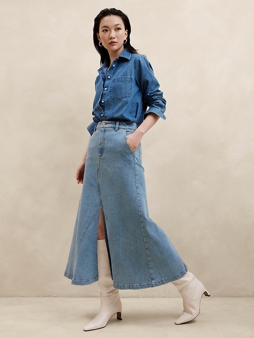 【PORTERNA】More Denny Long Skirt Center Split Classic Denim Maxi Skirt | Banana Republic Factory