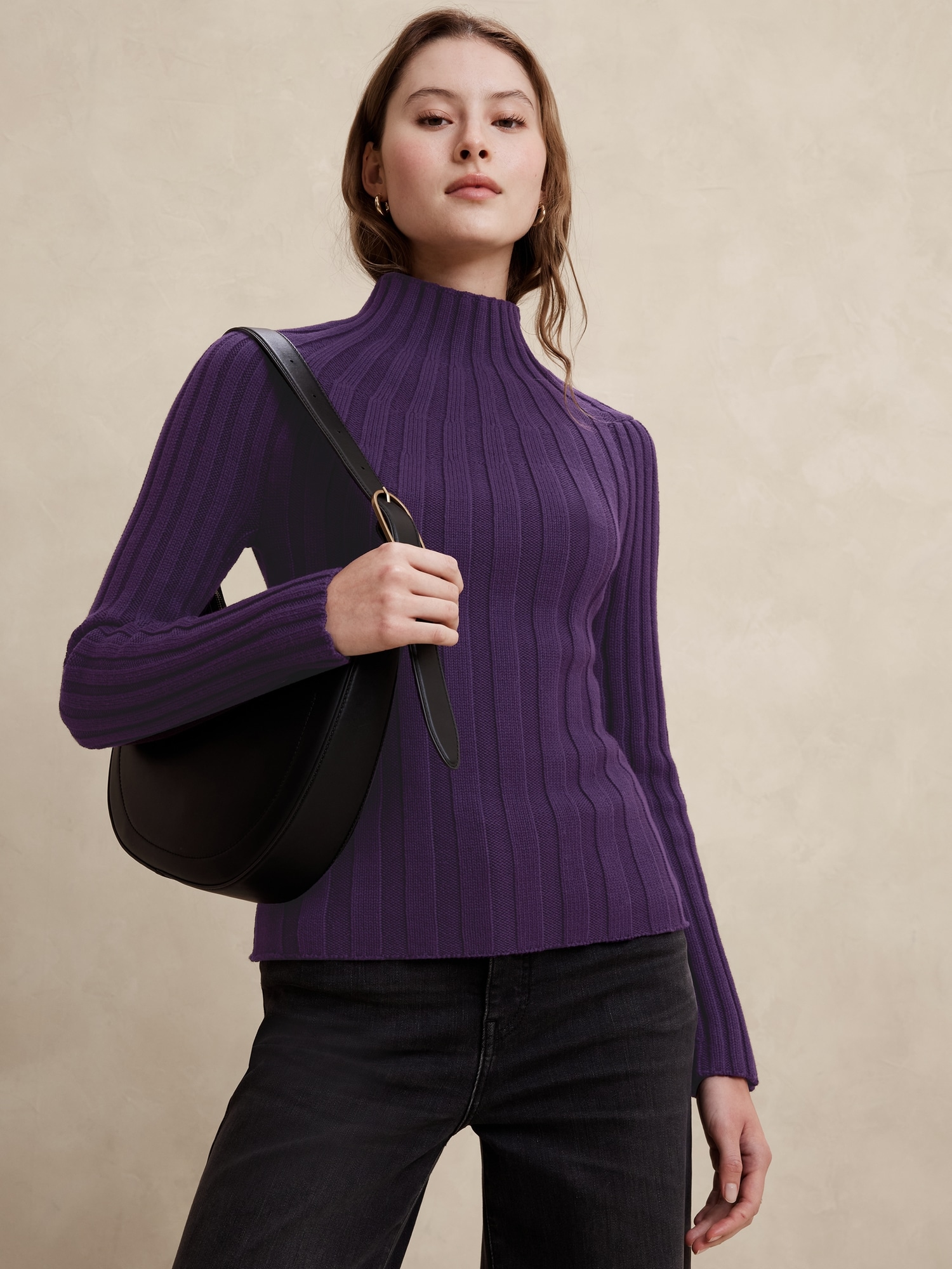 Mock-Neck Ribbed Sweater