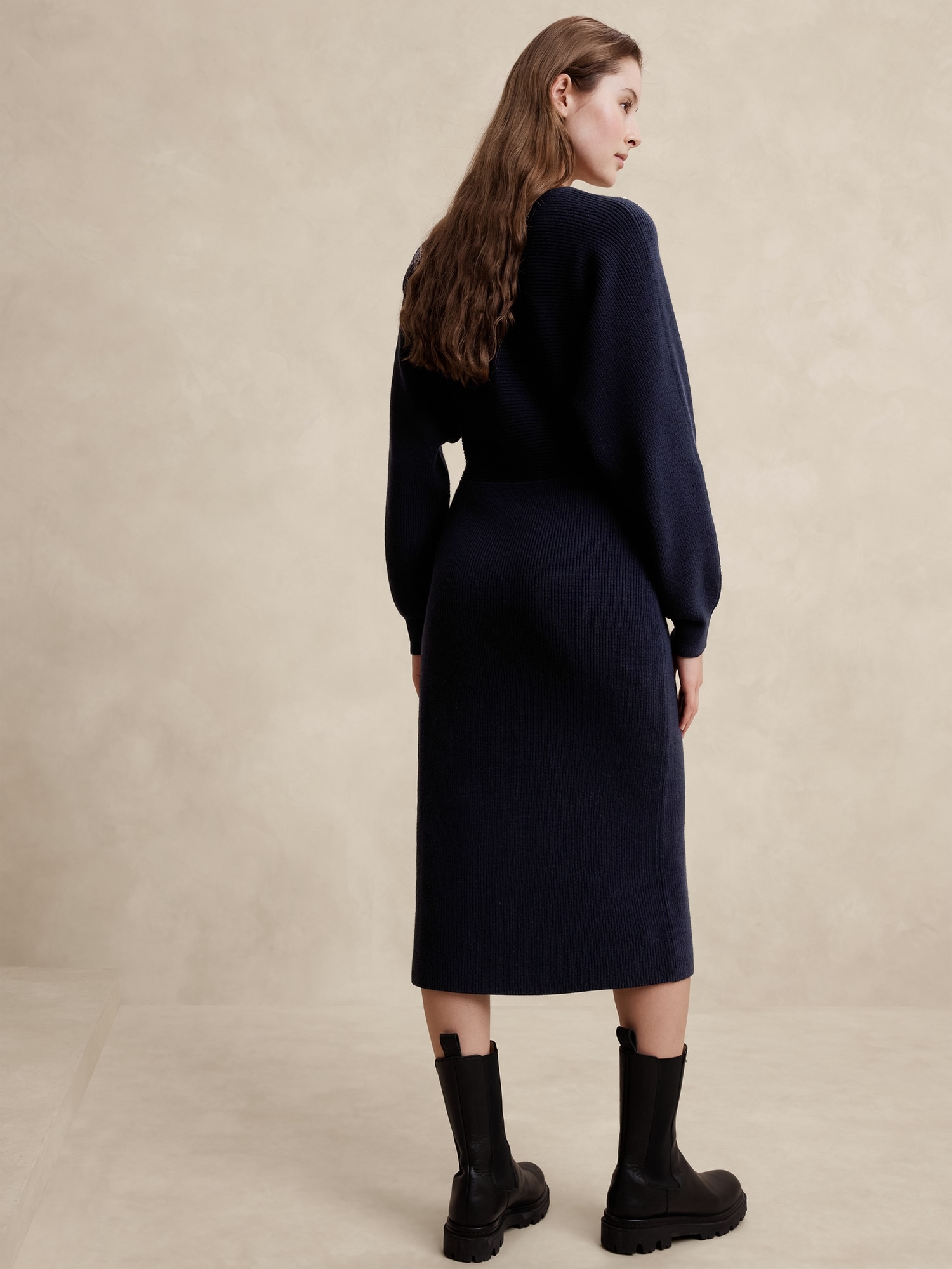 Overlap-Neck Midi Sweater Dress