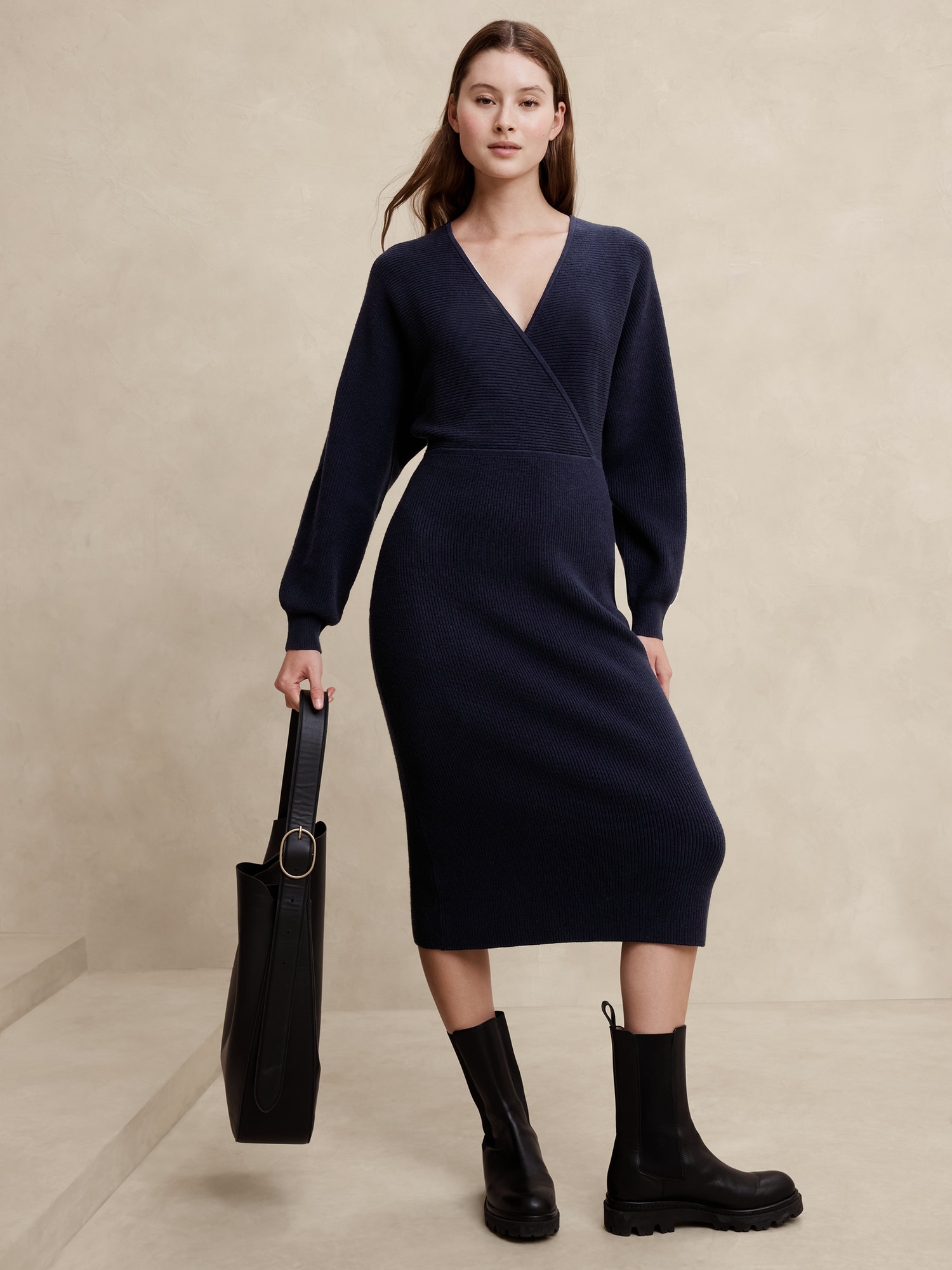 Overlap-Neck Midi Sweater Dress