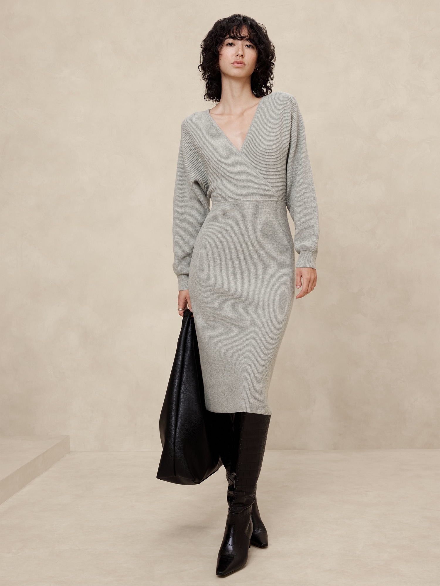 Overlap-Neck Midi Dress