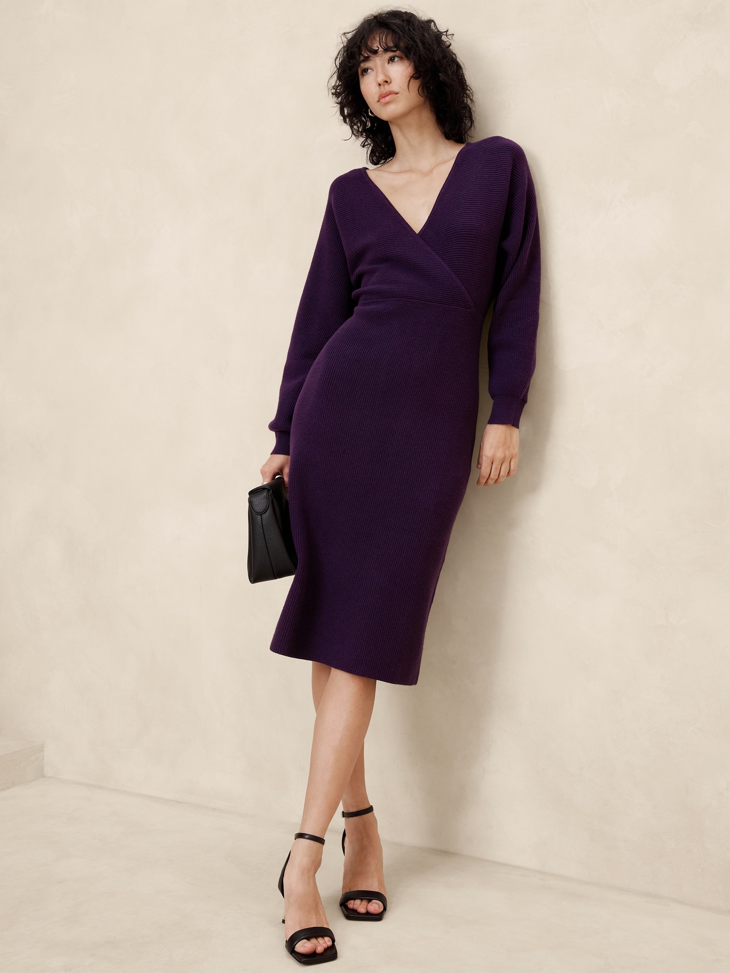 Overlap-Neck Midi Sweater Dress